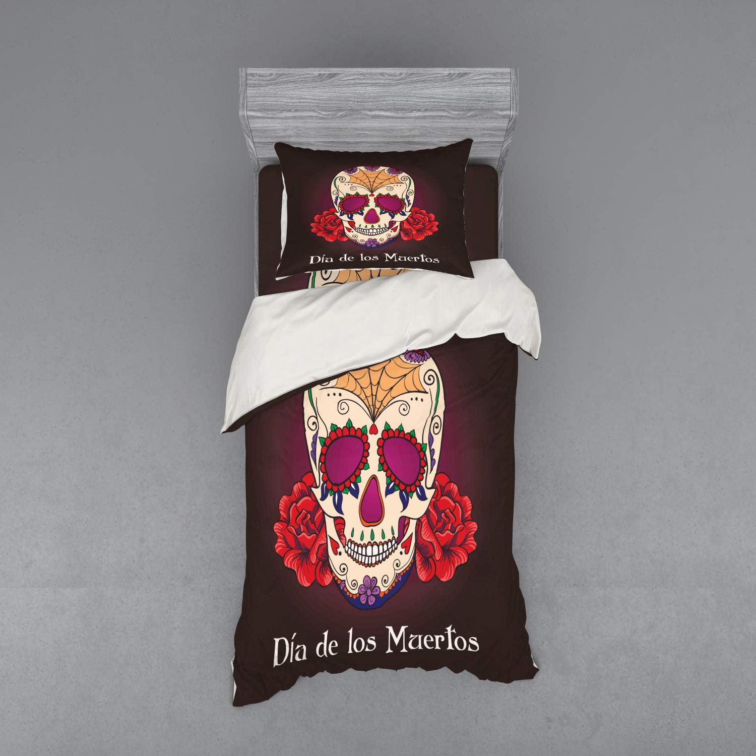Ambesonne Day of The Dead Duvet Cover Set - 3 Piece Bedding with Sham & Fitted Sheet, Twin Size, Plum Red Cream | Dia de Los Muertos Spanish Skull Skeleton Print | Perfect for Halloween Decor, Themed Bedrooms & Cultural Home Decor