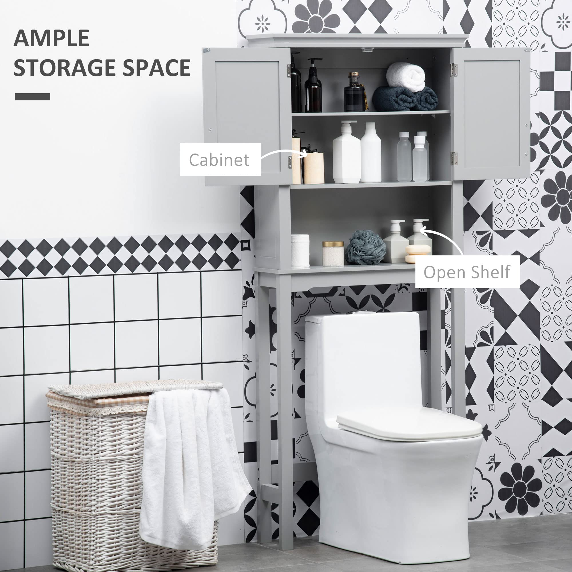 Kleankin Modern Over The Toilet Storage Cabinet - Double Door Bathroom Organizer with Adjustable Shelves, Open Shelf Space, Grey - Perfect for Small Bathroom Organization & Extra Storage