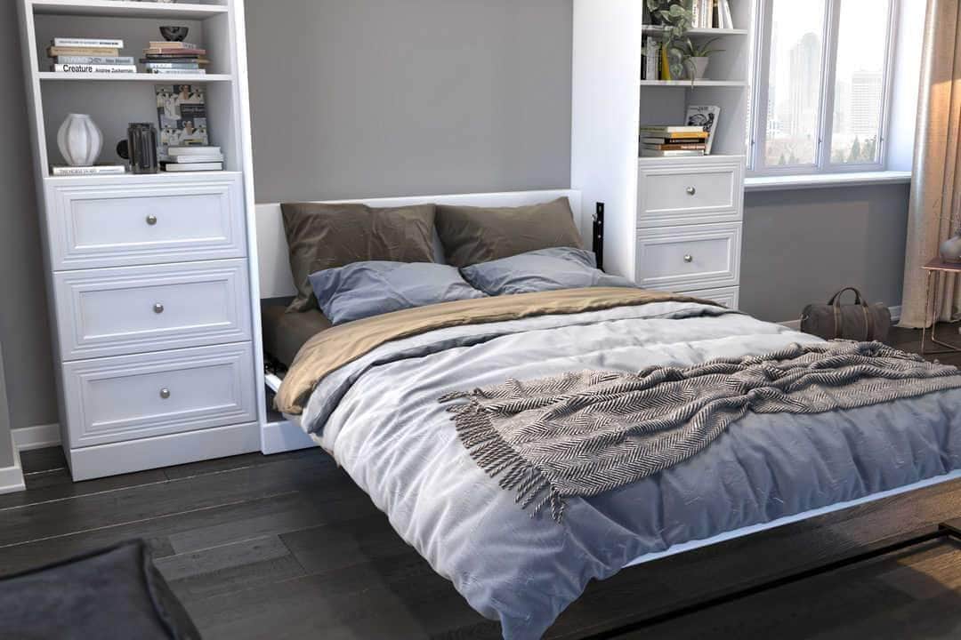115 Queen Size Murphy Wall Bed with 2 Storage Units - Space Saving Foldable Bed for Small Apartments, Guest Rooms & Home Offices | Modern Convertible Furniture with Built-in Storage