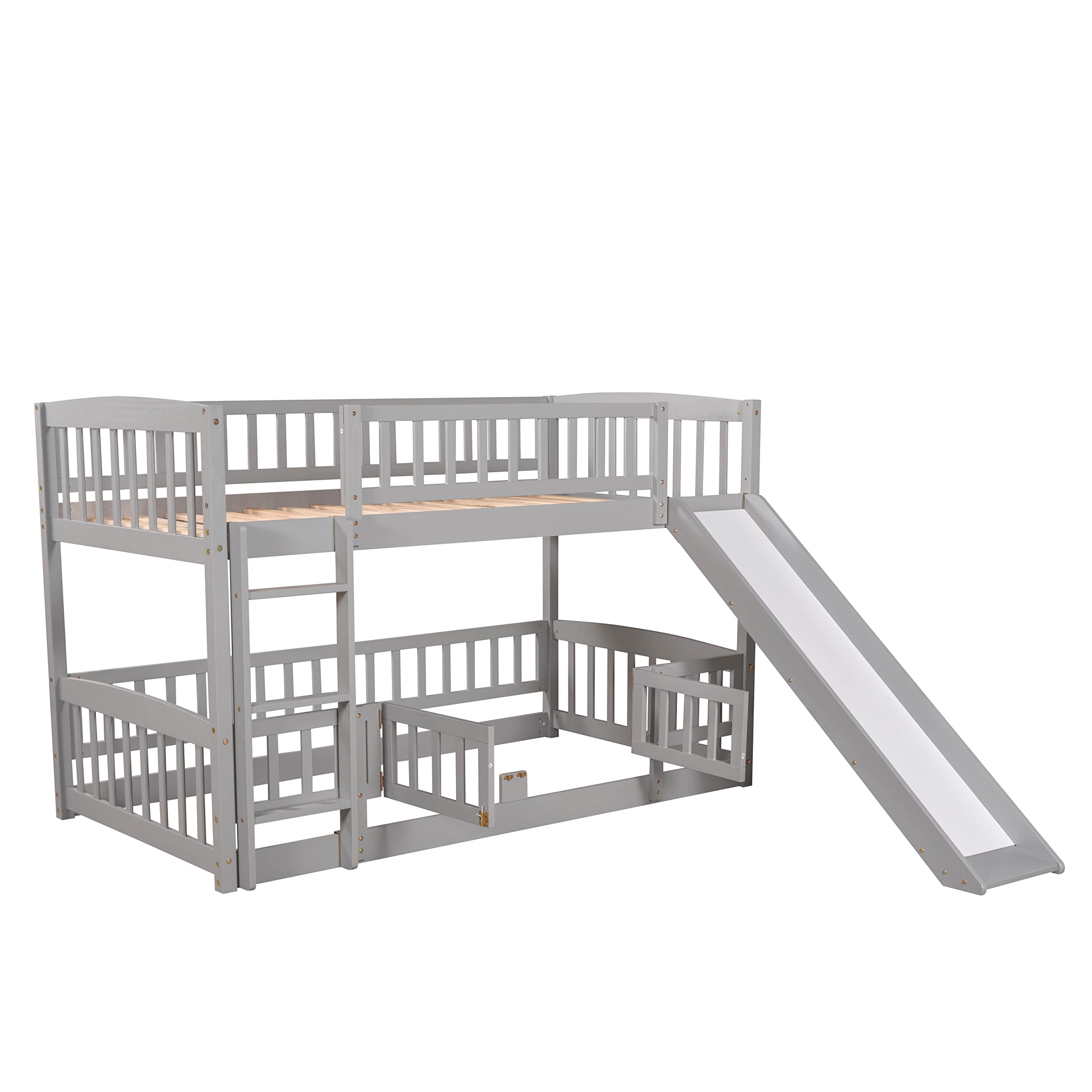 SOFTSEA Twin Over Twin Bunk Bed with Convertible Slide & Ladder - Kids Wooden Bunk Bed Frame with Safety Guardrails, Low Profile Floor Bunk Bed with Fence & Door - Perfect for Small Bedrooms, Kids' Rooms & Sleepovers (Gray)