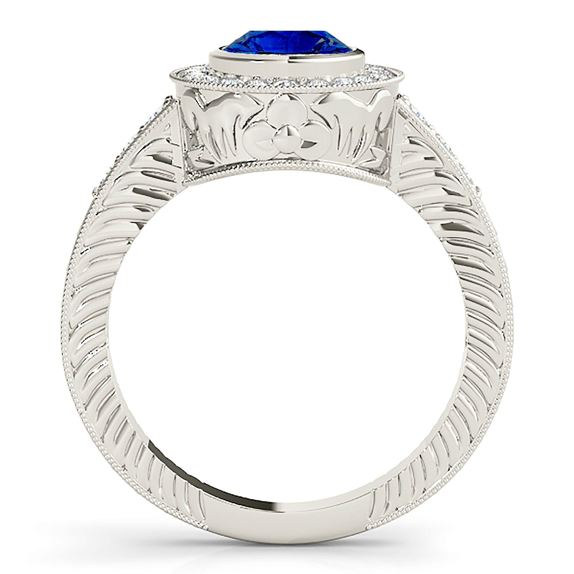 1.35 Carat Genuine Blue Sapphire Bezel Set Vintage Halo Ring – Elegant Antique Style Jewelry for Engagement, Wedding & Special Occasions