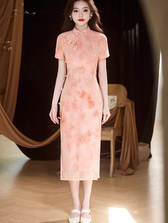Elegant Pink and Green Jacquard Velvet Cheongsam Qipao Dress for Women | Traditional Chinese Style Evening Gown | Perfect for Weddings, Parties, and Special Occasions