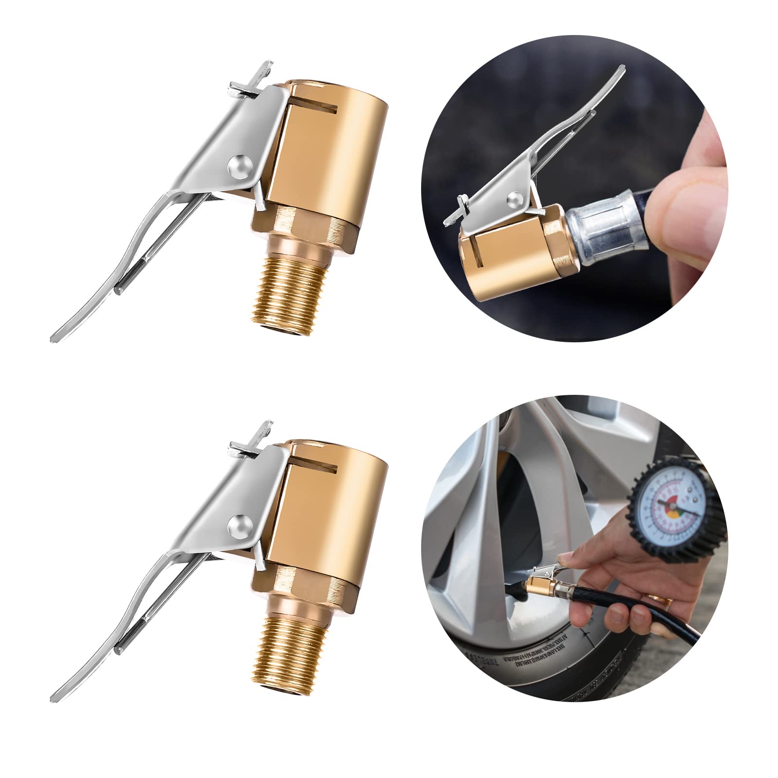 COBEE Heavy Duty Brass Locking Tire Inflator Air Chuck with Clip Adapter (2 Pack) - No Leak Air Chuck for Tire Pump & Compressor Connection - Perfect for Car, Truck, ATV & Motorcycle Tire Inflation