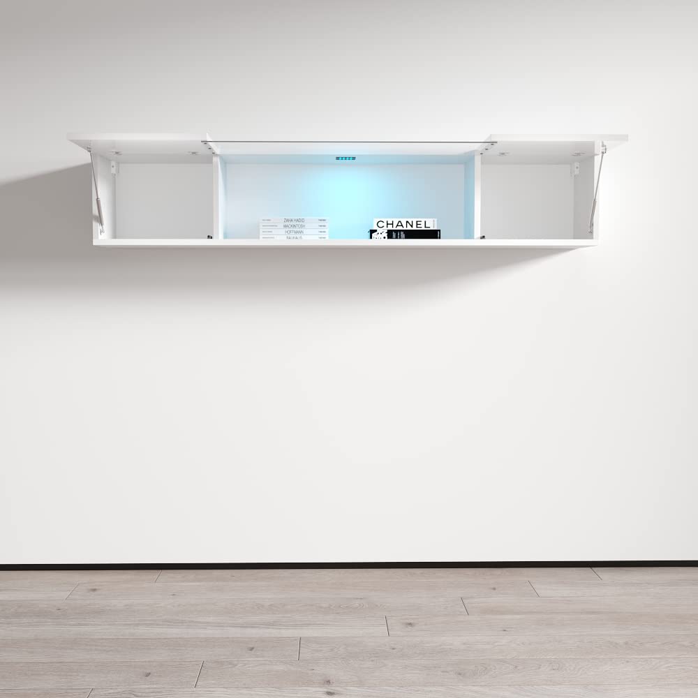 Modern Floating Media Cabinet - Type 52 Rectangular Hanging Storage Unit | Durable Wooden Wall-Mounted TV Stand with High Gloss Finish & LED Lighting (White) | Perfect for Living Room, Bedroom & Home Theater Organization