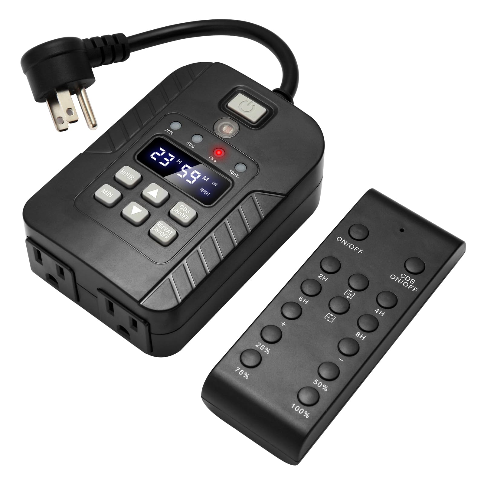 2 in 1 Outdoor Timer Outlet - Waterproof & Dimmable for String Lights, 100FT Remote Control, Dusk to Dawn Light Timer (TE-HT02) - Perfect for Patio, Garden, and Holiday Decorations