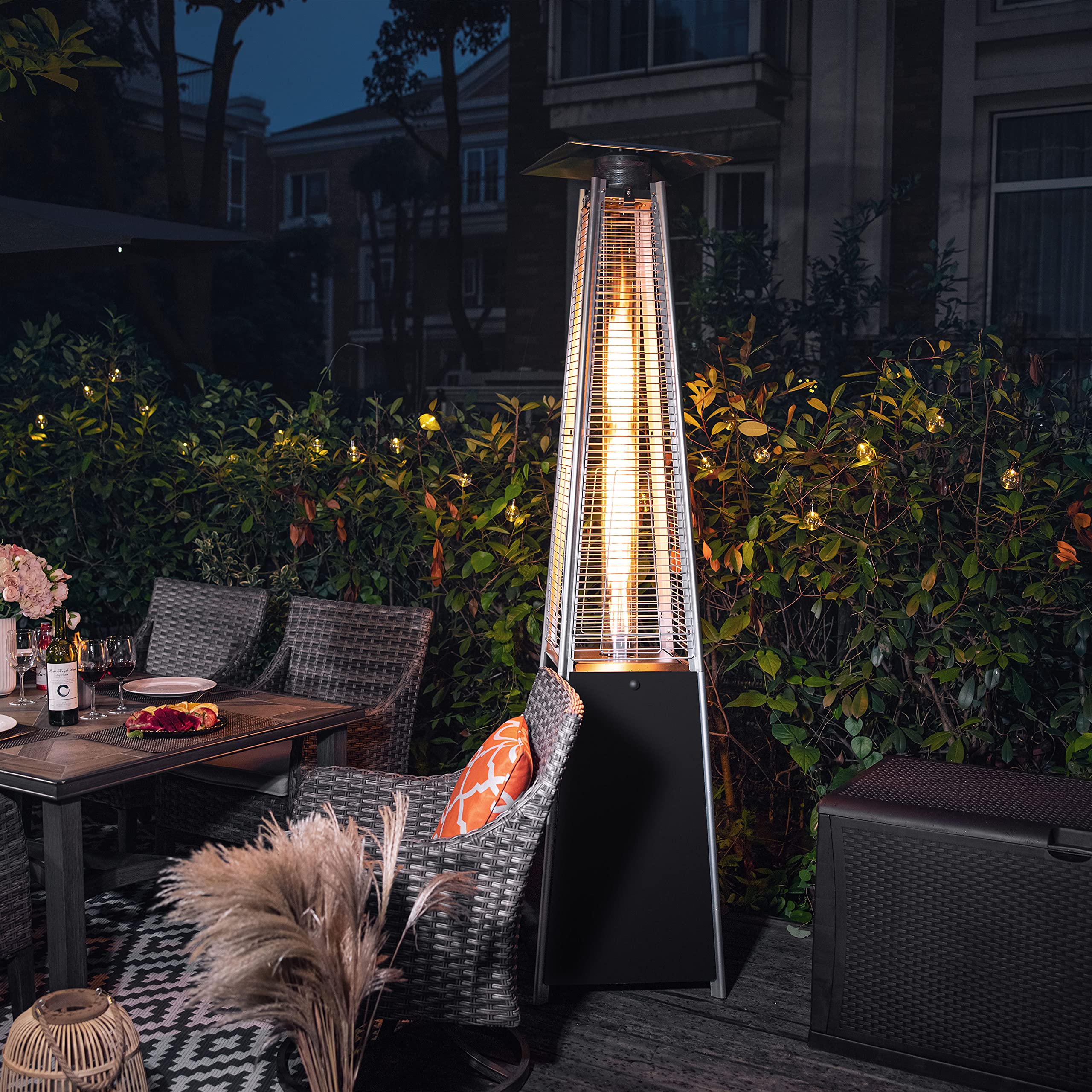 Nuu Garden 48,000 BTU Outdoor Propane Patio Heater with Wheels & Oxford Cover - Hammered Bronze Pyramid Tower Heater for Backyard, Deck, Terrace, Restaurant - Weather-Resistant Portable Heating Solution for Outdoor Gatherings