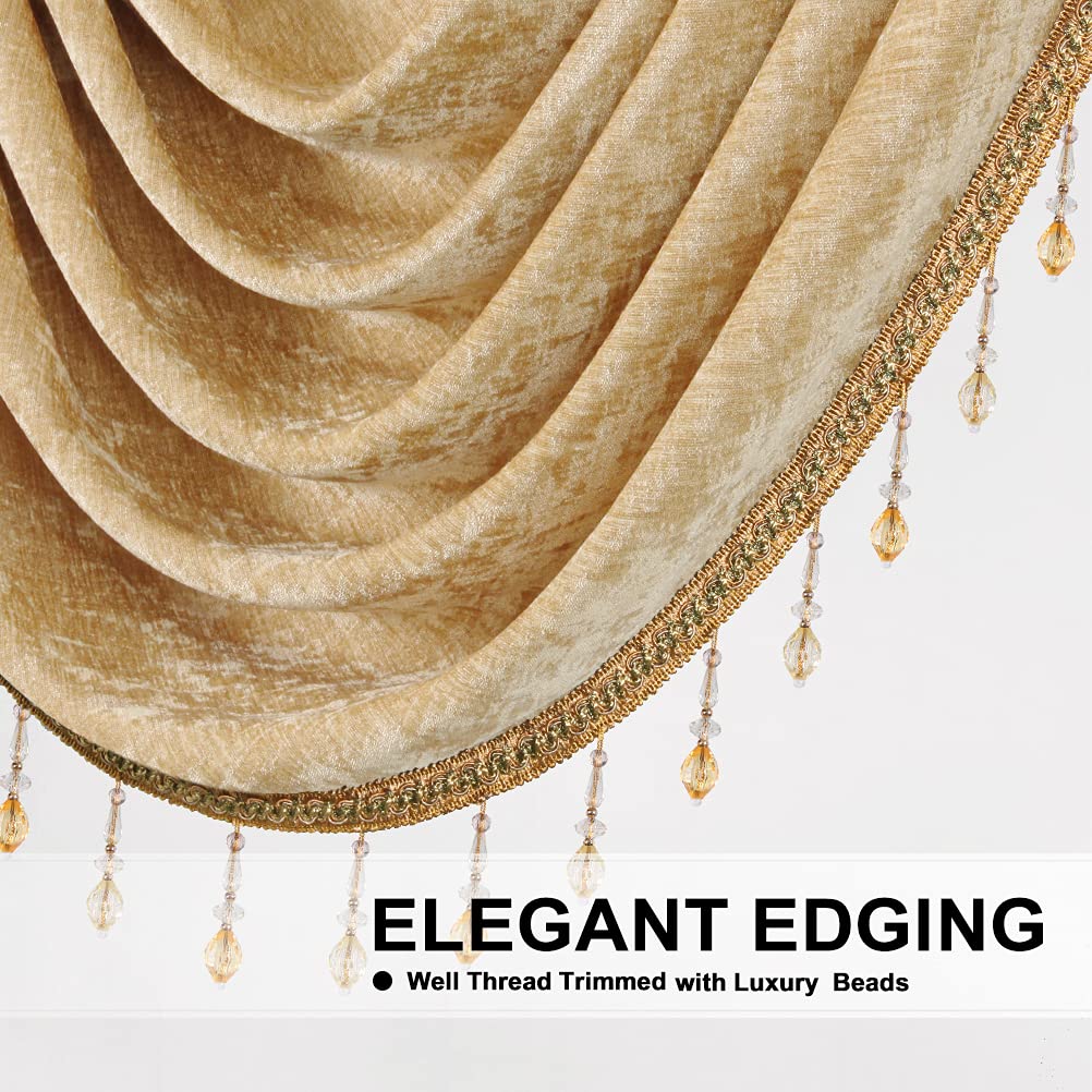 ELKCA Thick Chenille Window Curtain Valance - Luxury Gold Beaded Valance for Living Room & Bedroom - Rod Pocket Design (118 Inches Wide, 1 Panel) - Perfect for Home Decor, Window Treatments & Room Accents