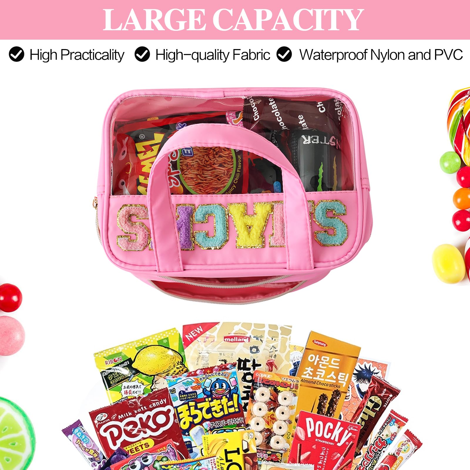 Large Clear Chenille Letter Makeup Bag | Preppy Waterproof Cosmetic Pouch with Zipper | Travel Toiletry Organizer for Women & Girls | Perfect for School, Gym, and Travel Essentials (Pink-SNACKS)
