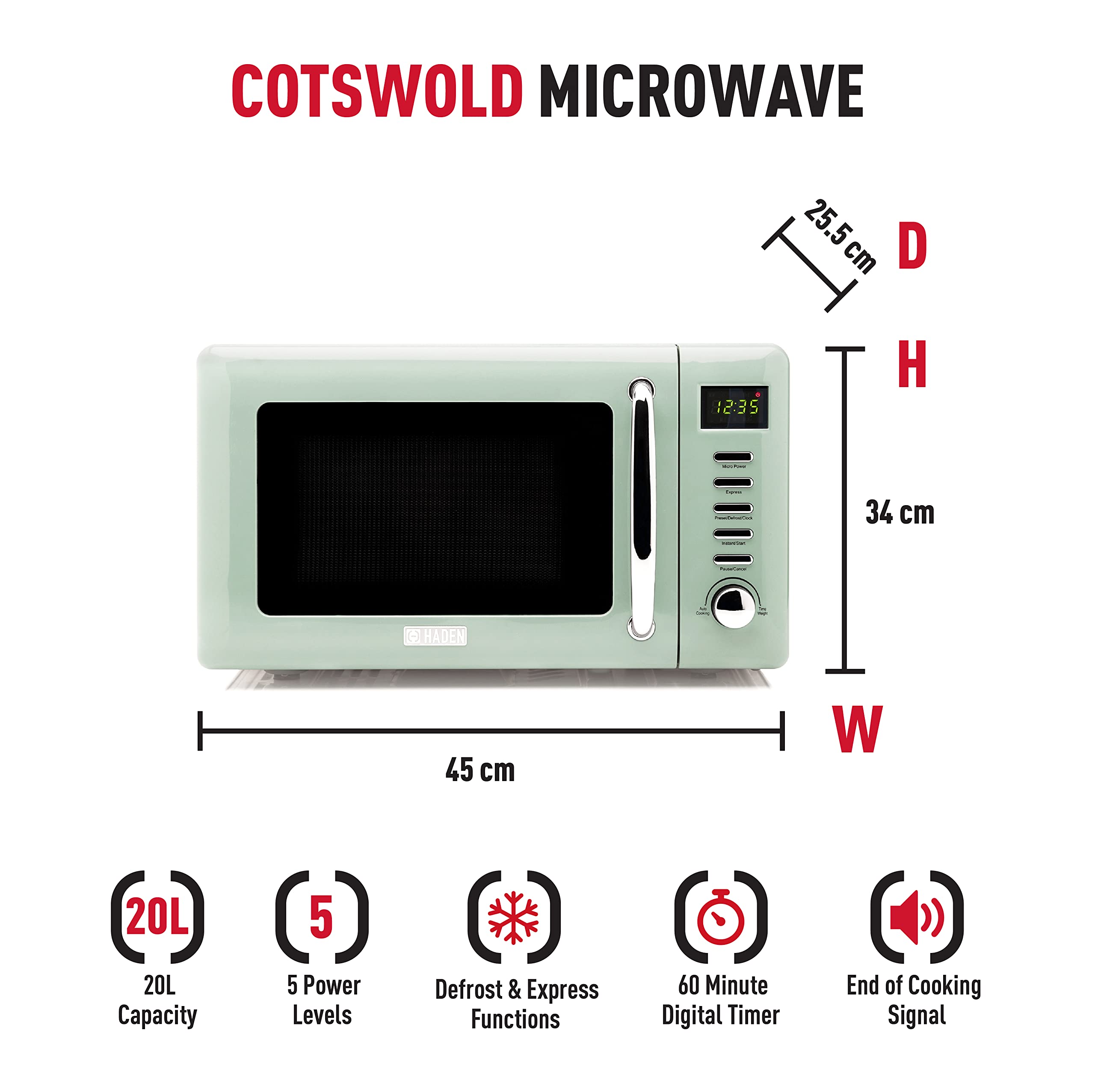 Haden Cotswold Green 800W Retro Microwave Oven - 20L Compact Digital Microwave for Small Kitchens with 5 Power Levels, Defrost & Express Functions | Easy to Use & Clean | Perfect for Dorms, Apartments & Office Break Rooms