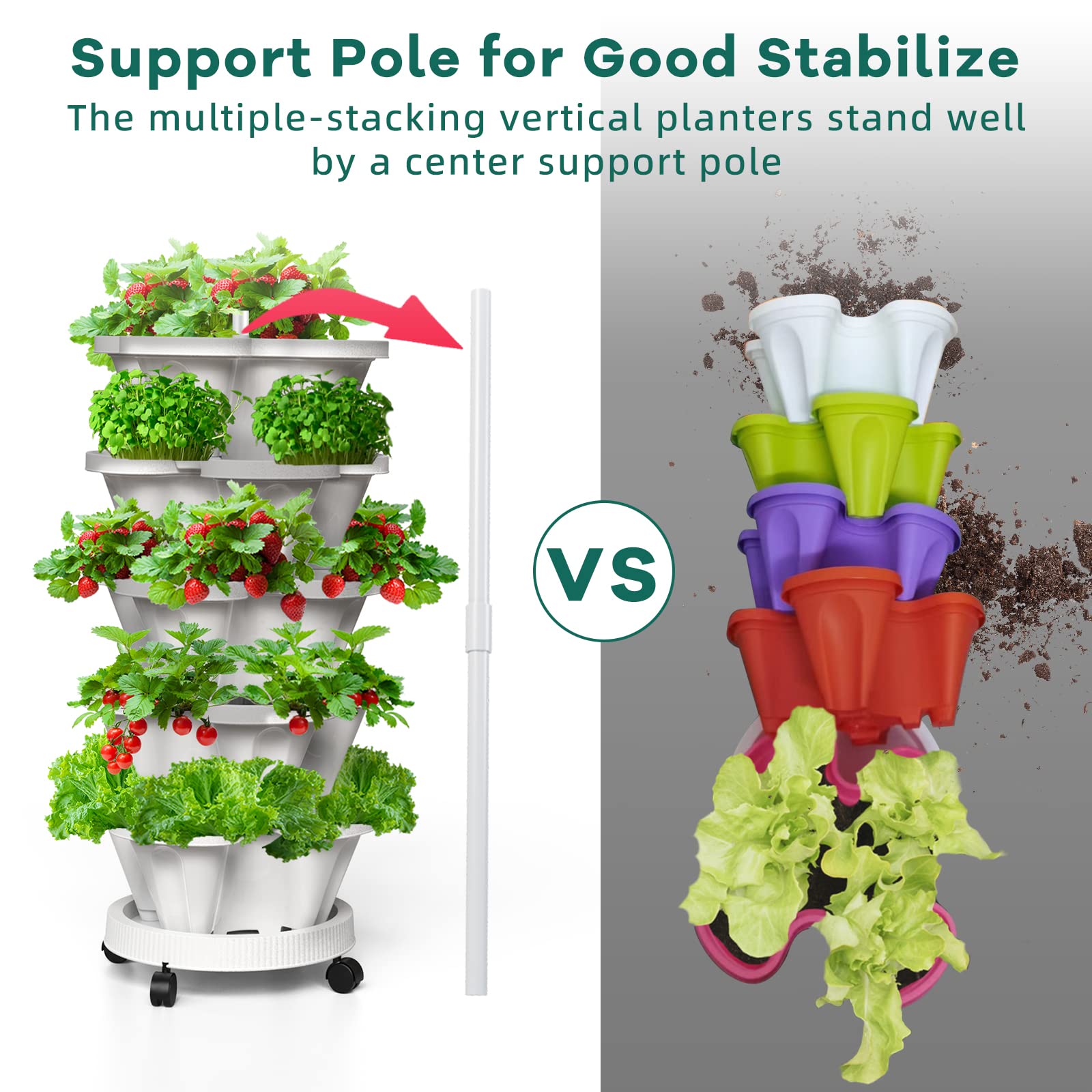 6 Tiered Strawberry Planter - Vertical Garden Tower with Support Pole | Stackable Herb & Vegetable Planter for Indoor/Outdoor Use | Perfect for Small Spaces, Balconies & Urban Gardening (Black)