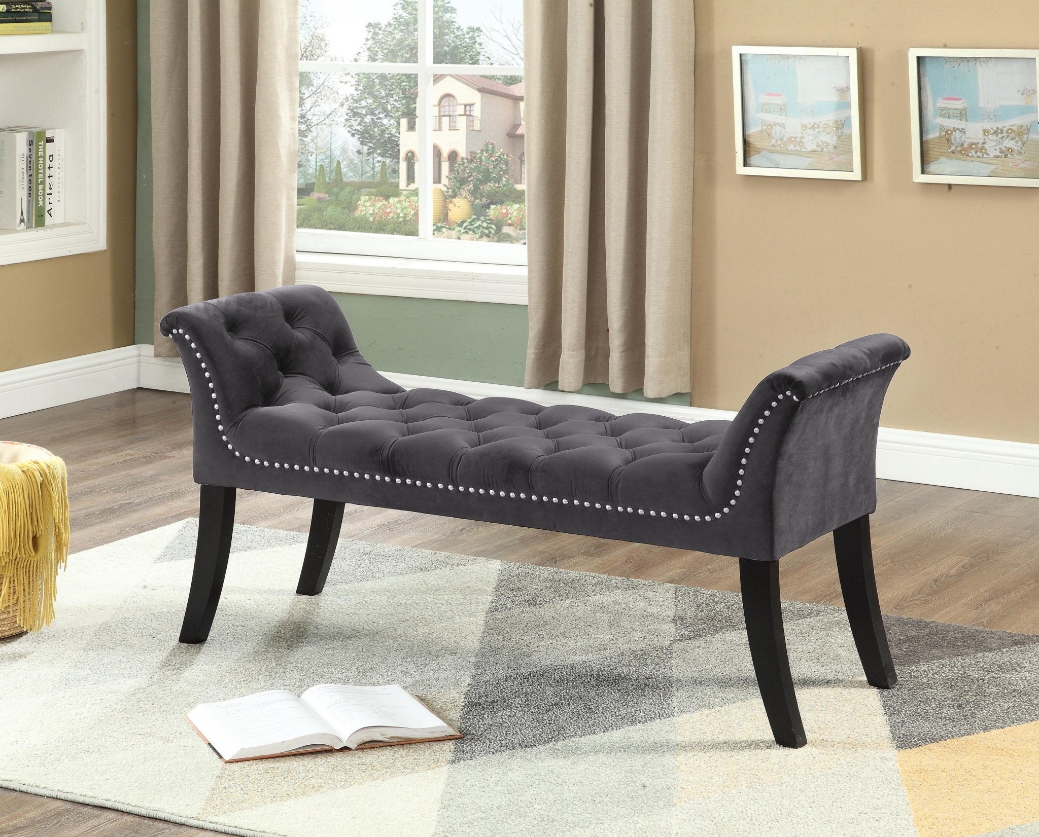 Grey Velvet Bench with Deep Tufting and Nail Head Trim - Elegant Upholstered Seat for Bedroom, Living Room or Entryway Decor
