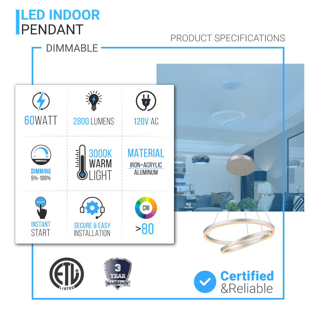 2 Ring Circular LED Chandelier - 60W 3000K Warm White 2800LM Dimmable Ceiling Light Fixture with 3 Year Warranty - Perfect for Dining Room, Bedroom or Living Room Lighting