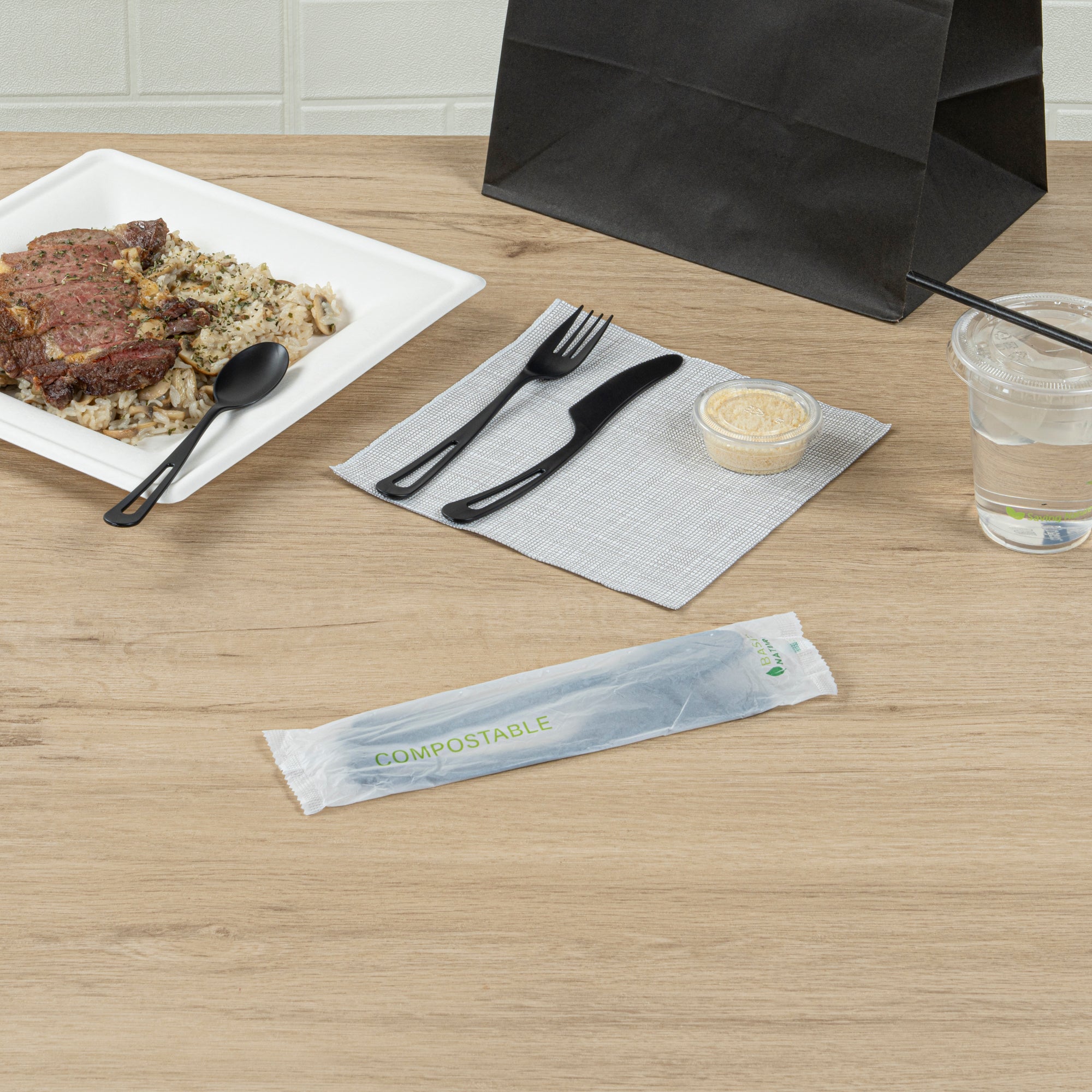 Eco-Friendly Black CPLA Plastic Cutlery Set - 100-Piece Compostable Utensils with Heat-Resistant Wrapper (7.5
