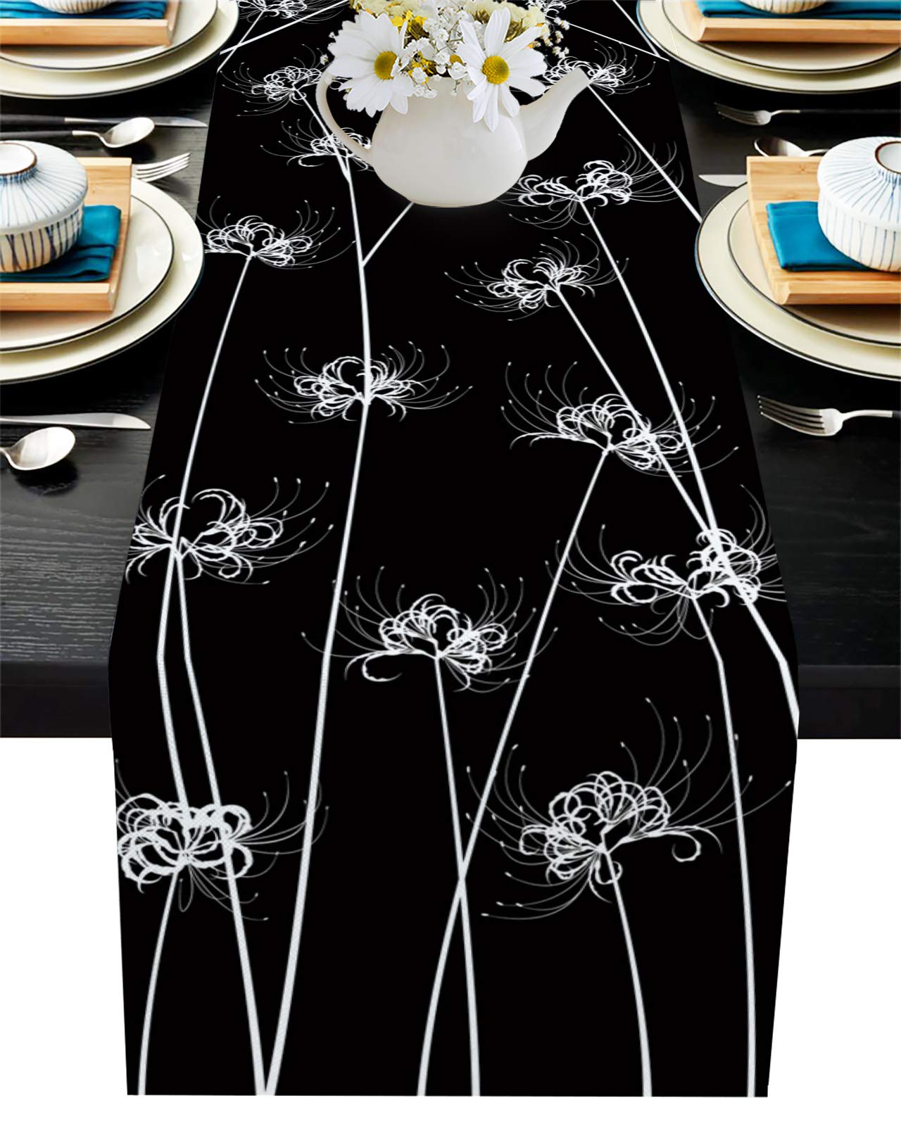 Elegant Thistle Flower Non-Slip Table Runner - 13x36 Inch Black & White Cotton Linen Dining Table Decor for Wedding, Coffee Party, Outdoor Events - Perfect for Home, Restaurant & Holiday Decorations