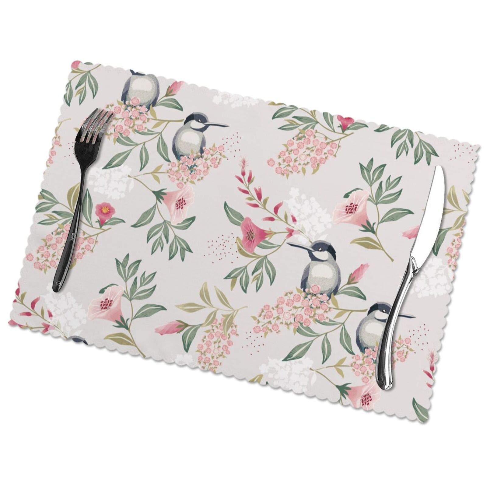6-Pack Spring Floral Placemats for Dining Table - Beige Bird & Magpie Pink Flower Design | Washable Non-Slip Farmhouse Table Mats for Kitchen Decor | Perfect for Indoor & Outdoor Use, Dinner Parties, and Daily Meals