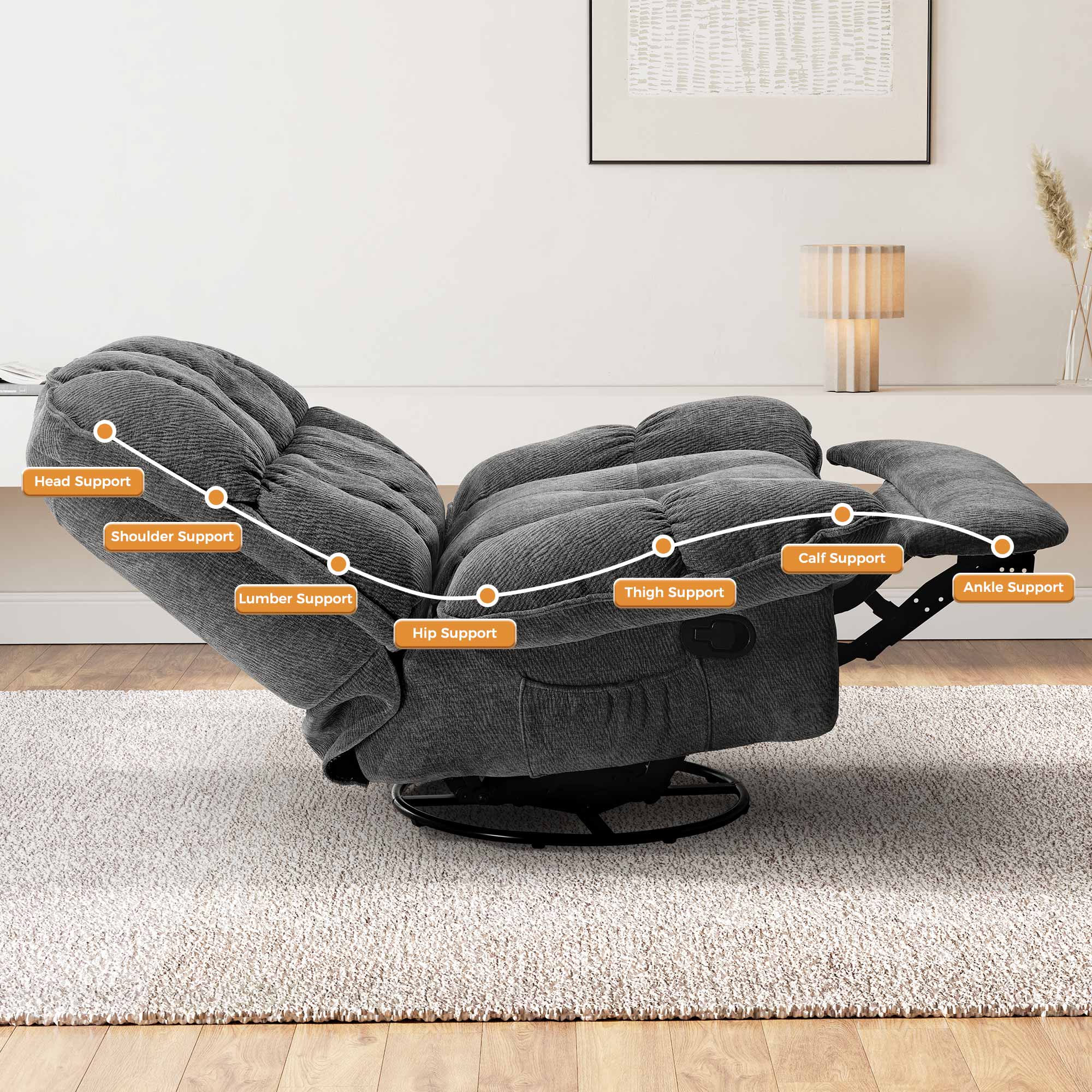 Grayson Manual Recliner Chair with Storage - Swivel Rocking Living Room Chair for Relaxing, Reading & Napping - Comfortable PU Leather Reclining Sofa for Home, Office & Lounge