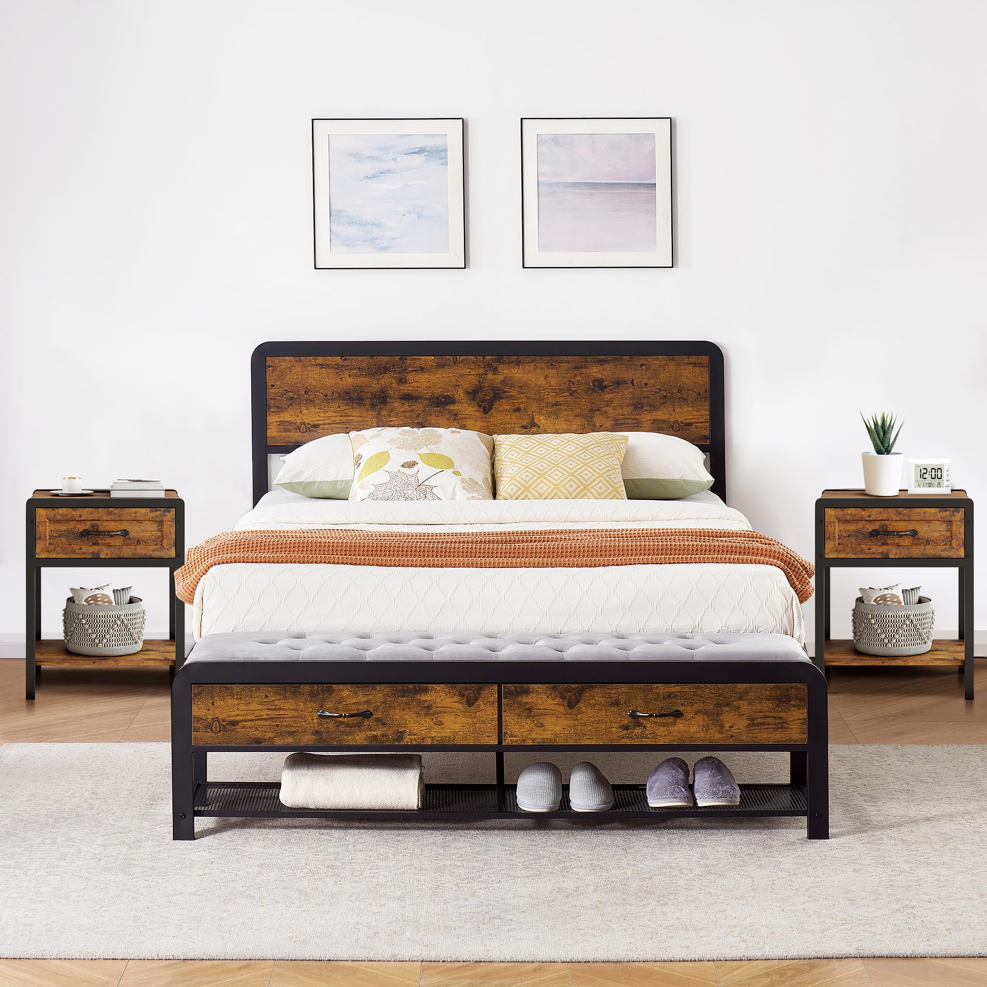 3-Piece Queen Size Bedroom Set with Wood Headboard Platform Bed Frame, Ottoman Bench & 2 Nightstands with Charging Stations & Storage Drawers - Modern Bedroom Furniture for Small Spaces & Guest Rooms