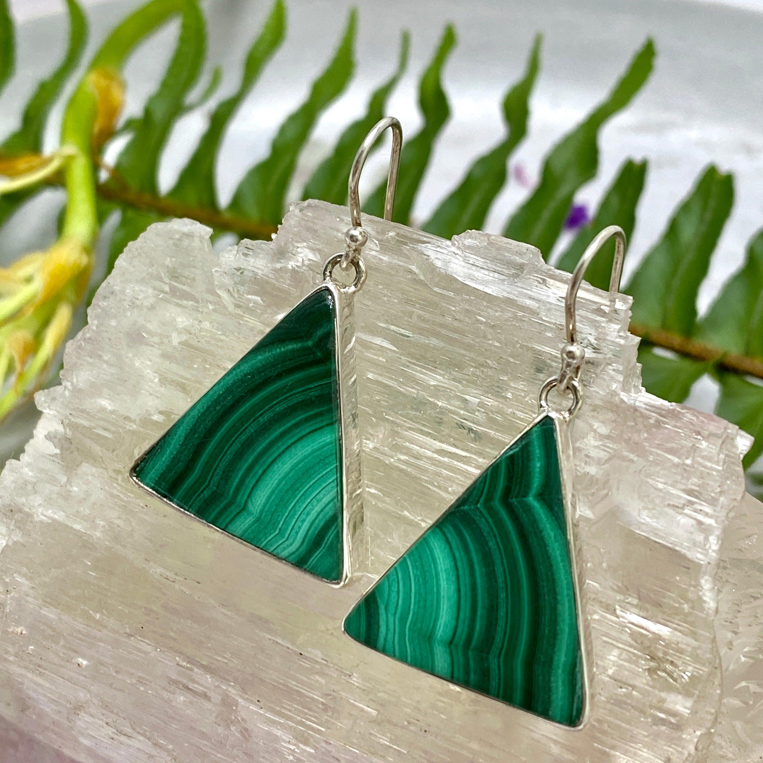 Natural Malachite Triangular Earrings for Women - Handmade Green Gemstone Dangle Earrings - Perfect for Boho, Hippie & Casual Outfits