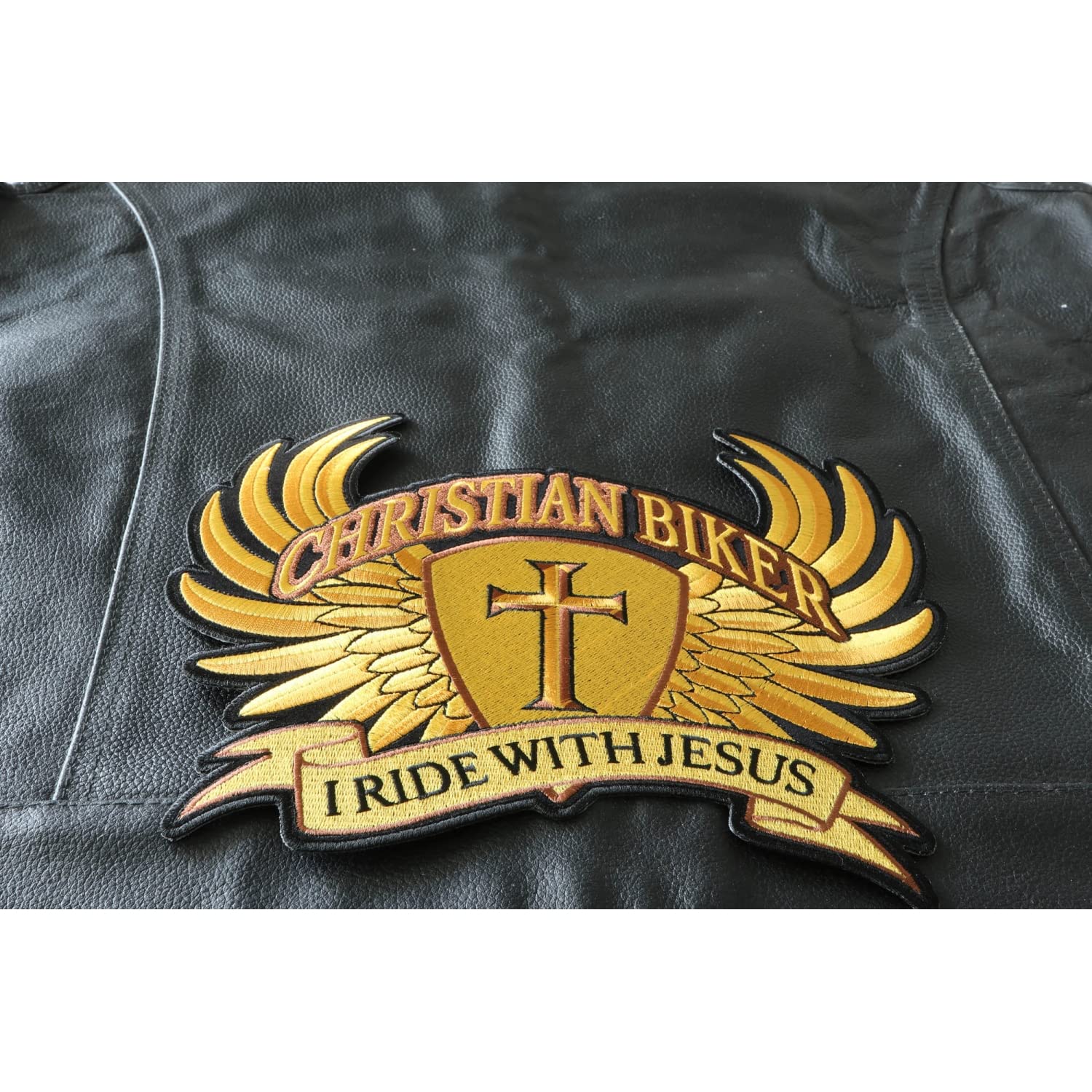 Christian Biker Cross in Wings I Ride with Jesus Patch - Large Embroidered Back Patches for Motorcycle Vest & Jacket - Perfect for Biker Church, Christian Riders & Motorcycle Ministries