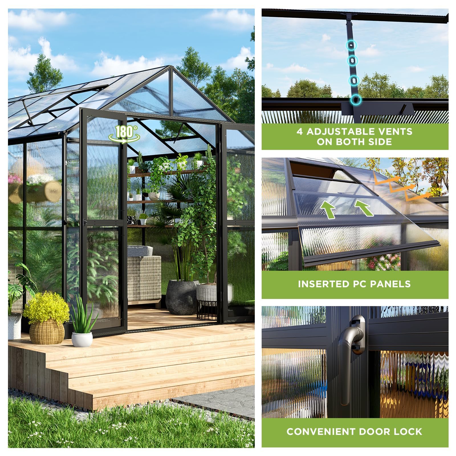 8x16x7.5 FT Polycarbonate Greenhouse with Double Swing Doors & 4 Vents - 5.2FT Tall Walk-in Aluminum Sunroom for Winter Gardening, Outdoor Plant Protection & Backyard Growing - Durable Black Greenhouse Kit for Vegetables, Flowers & Herbs