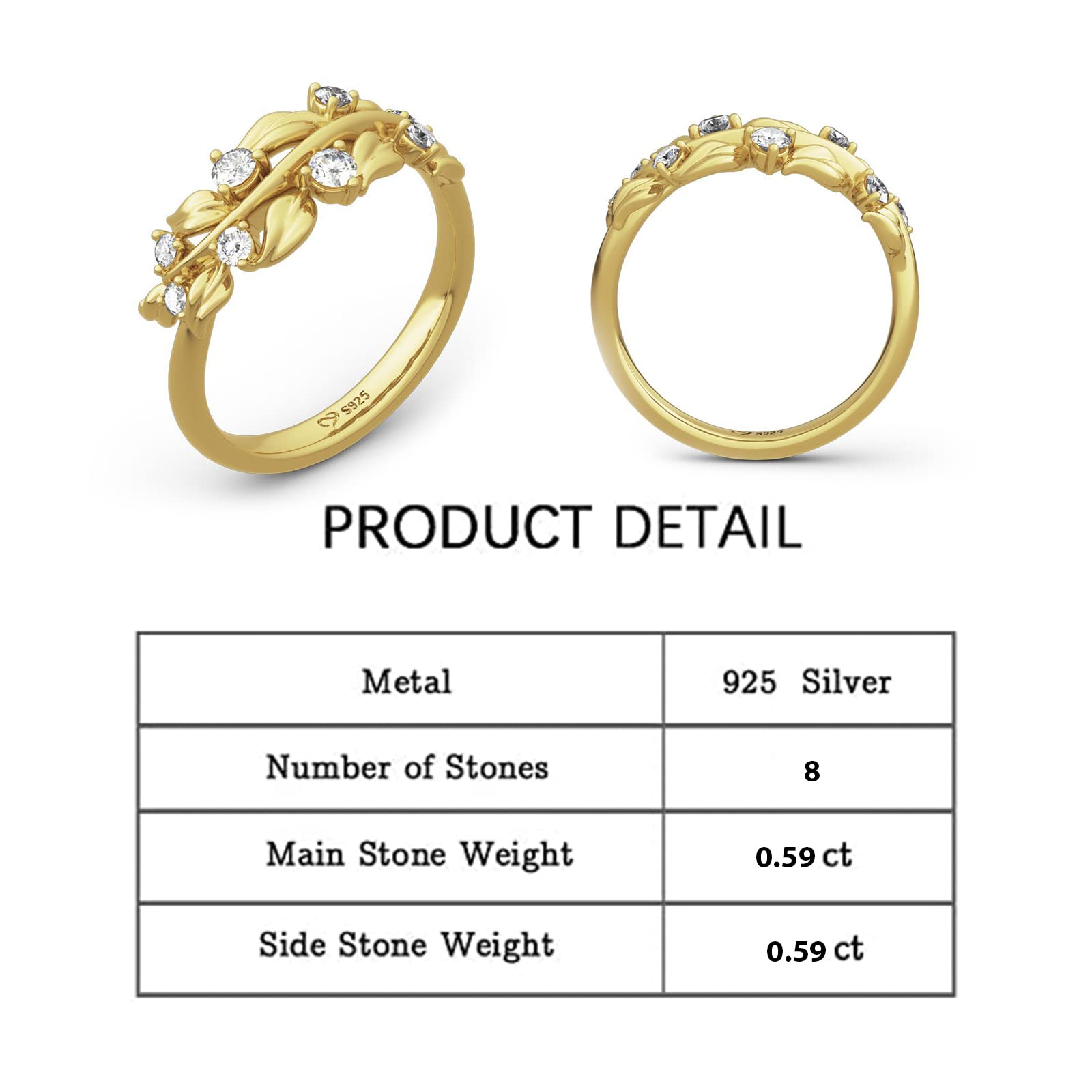 Jeulia Sterling Silver Olive Branch Band Ring for Women - Round Cut Leaf Promise Ring in Gold Tone with Diamond Accents, Nature-Inspired Wedding Band for Anniversary & Engagement - Perfect Gift with Jewelry Box (Ideal for Romantic Occasions, Proposals & Everyday Elegance)
