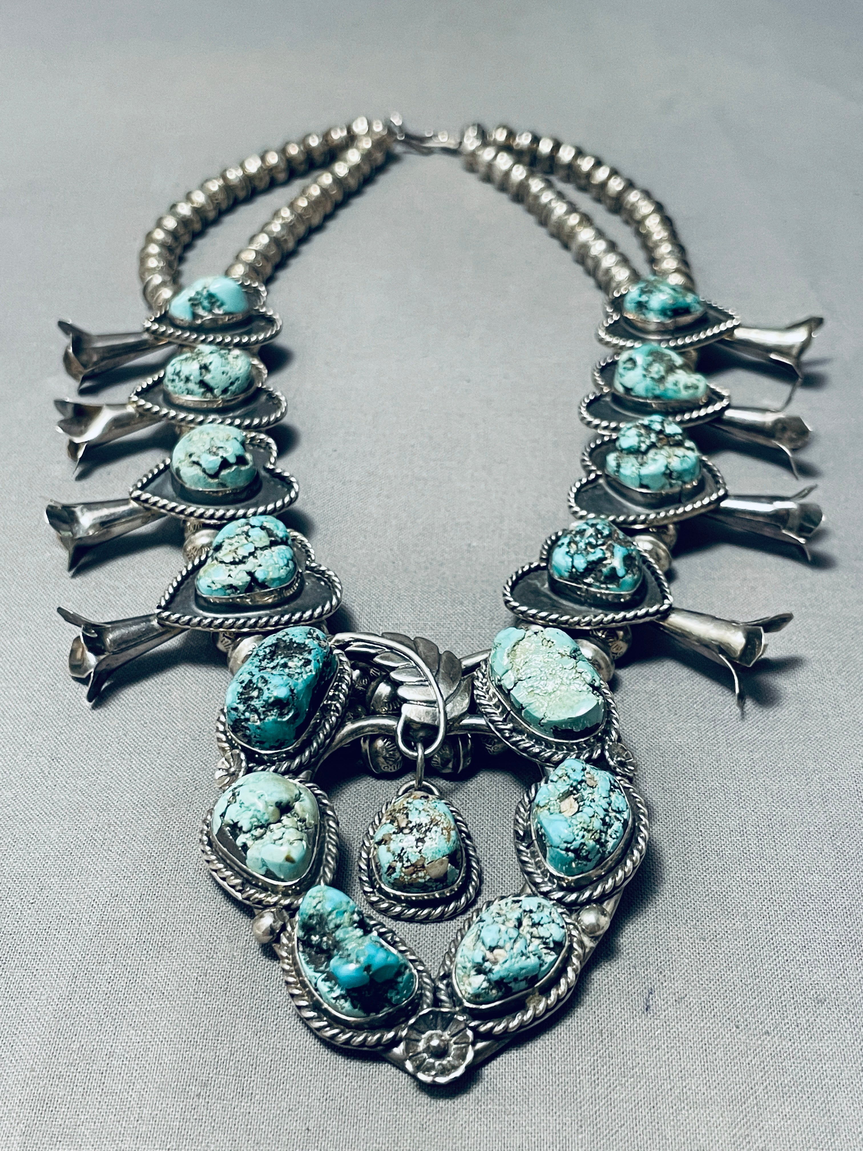 191 Gram Vintage Native American Navajo Turquoise Sterling Silver Squash Blossom Necklace - Handcrafted Jewelry for Women, Perfect for Boho Fashion, Weddings & Special Occasions