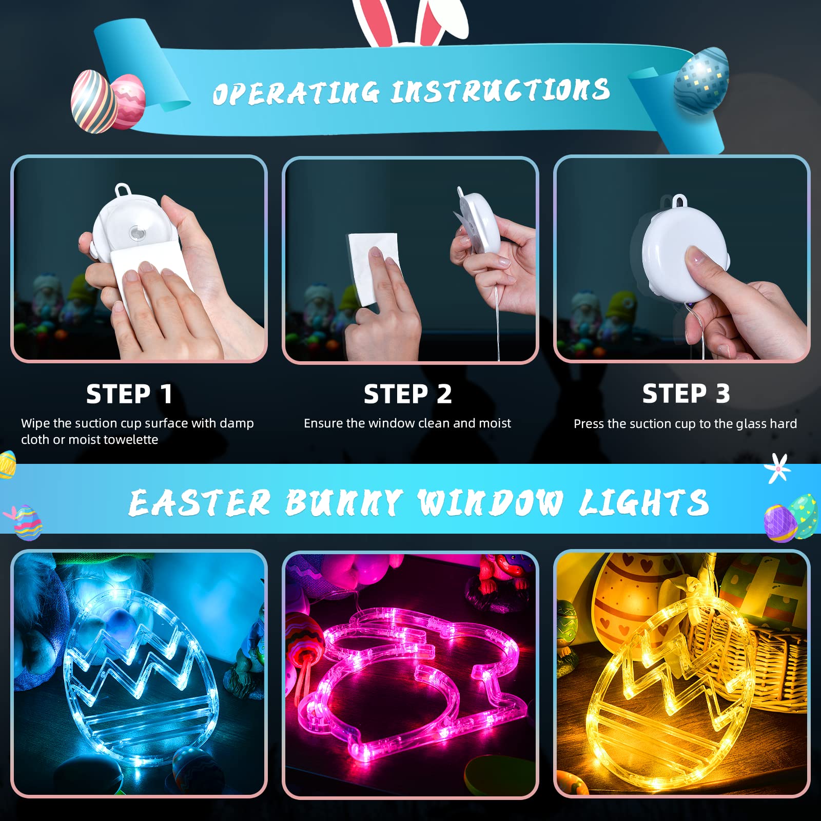 LOLStar Easter Window Lights - 3 Pack Easter Egg & Bunny Shaped String Lights with Suction Cups (Pink, Yellow, Blue) - Battery Operated Indoor Decor for Easter Home, Party, Bedroom, Nursery - Perfect for Spring Festival, Holiday Decorations & Gift Giving