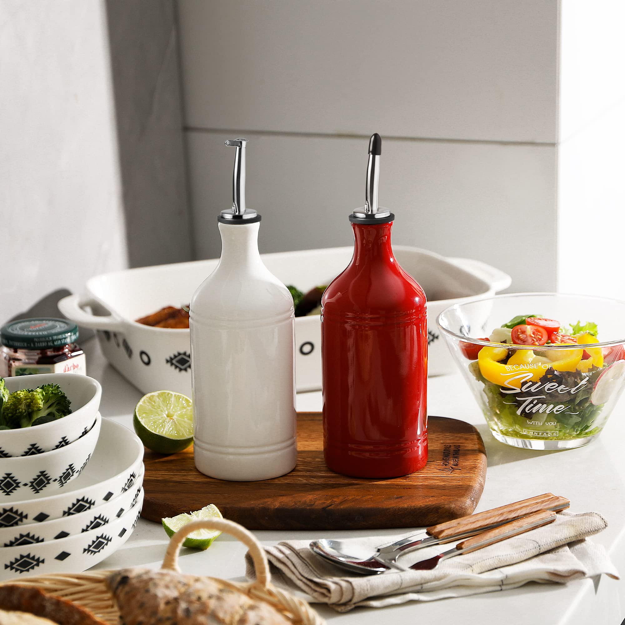 Premium Ceramic Olive Oil Dispenser Bottle - 15.5oz Opaque Oil Cruet to Reduce Oxidation - Ideal for Storing Olive Oil, Vinegar, Coffee Syrups & Liquids - Perfect for Kitchen Countertop, Dining Table & Gourmet Cooking (Red)