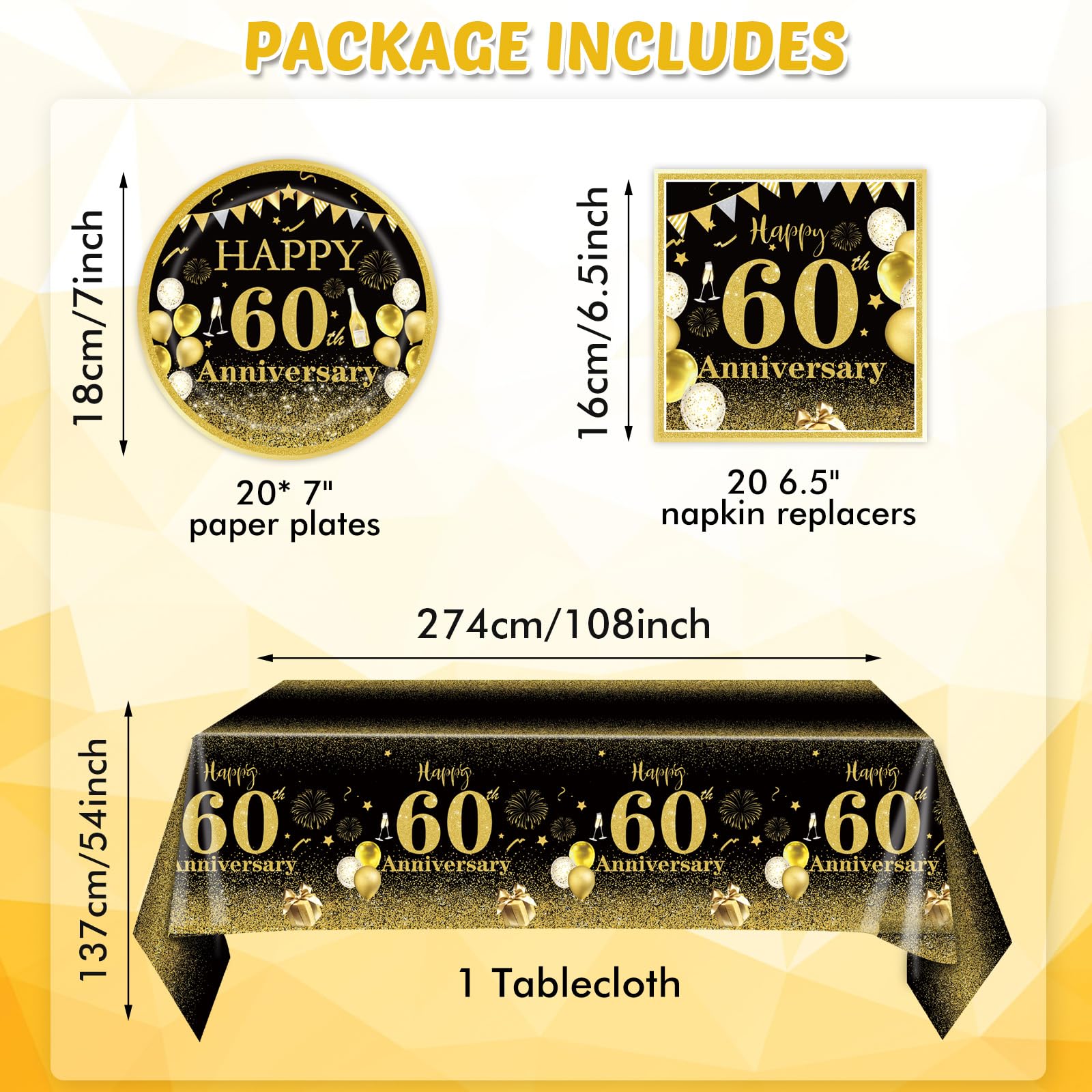 60th Wedding Anniversary Decorations Set - 41 PCS Black & Gold Party Supplies with Plates, Napkins, Tablecloth - Diamond Anniversary Party Favors for Men & Women - Perfect for 60th Birthday Celebrations, Retirement Parties & Milestone Events