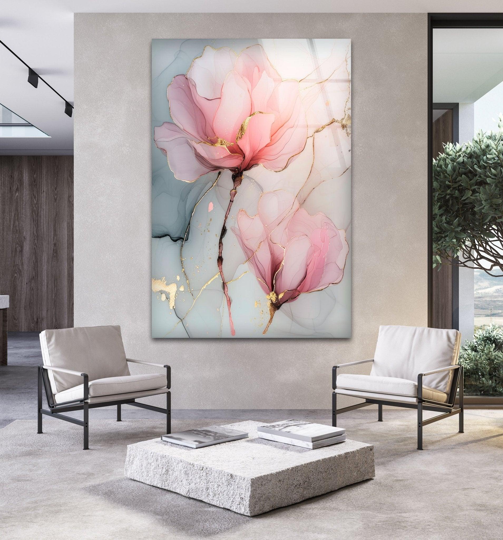 Vibrant Pink Flower Alcohol Ink Glass Wall Art - Handmade Modern Home Decor for Living Room, Bedroom, or Office