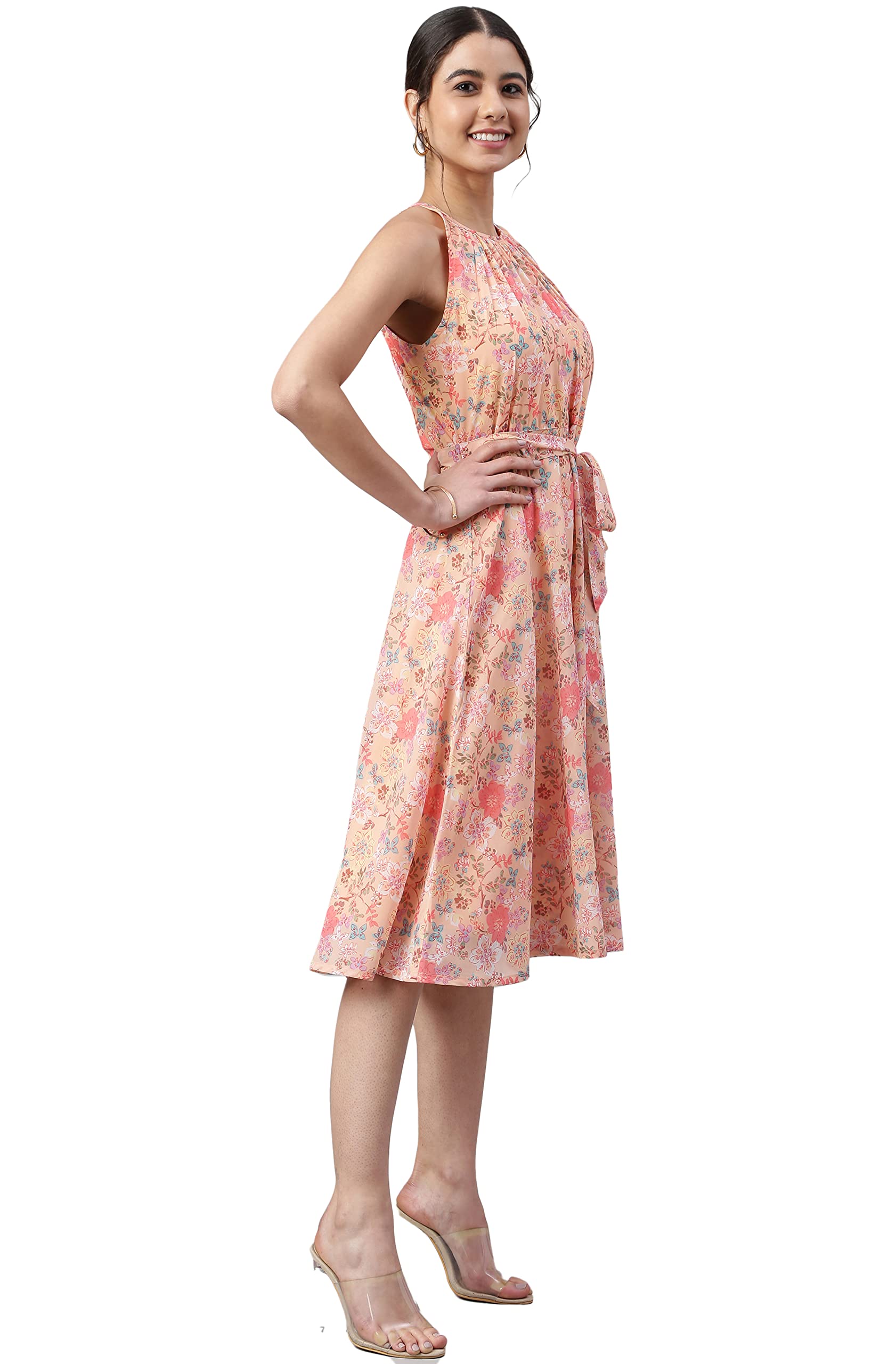 Janasya Indian Women's Peach Georgette Floral Print A-line Western Dress - Elegant Party Wear for Weddings, Festivals & Special Occasions
