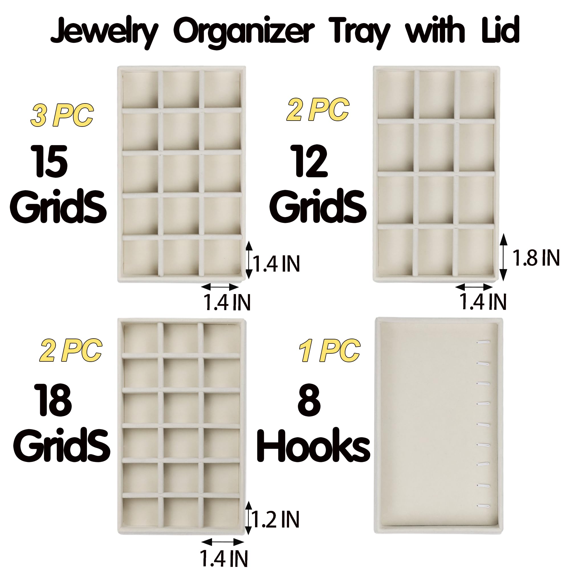 8-Piece Stackable Velvet Jewelry Organizer Set with Lid - Adjustable Drawer & Dresser Tray for Earrings, Necklaces, Rings & Bracelets - Beige Jewelry Storage Box for Bedroom, Closet & Travel