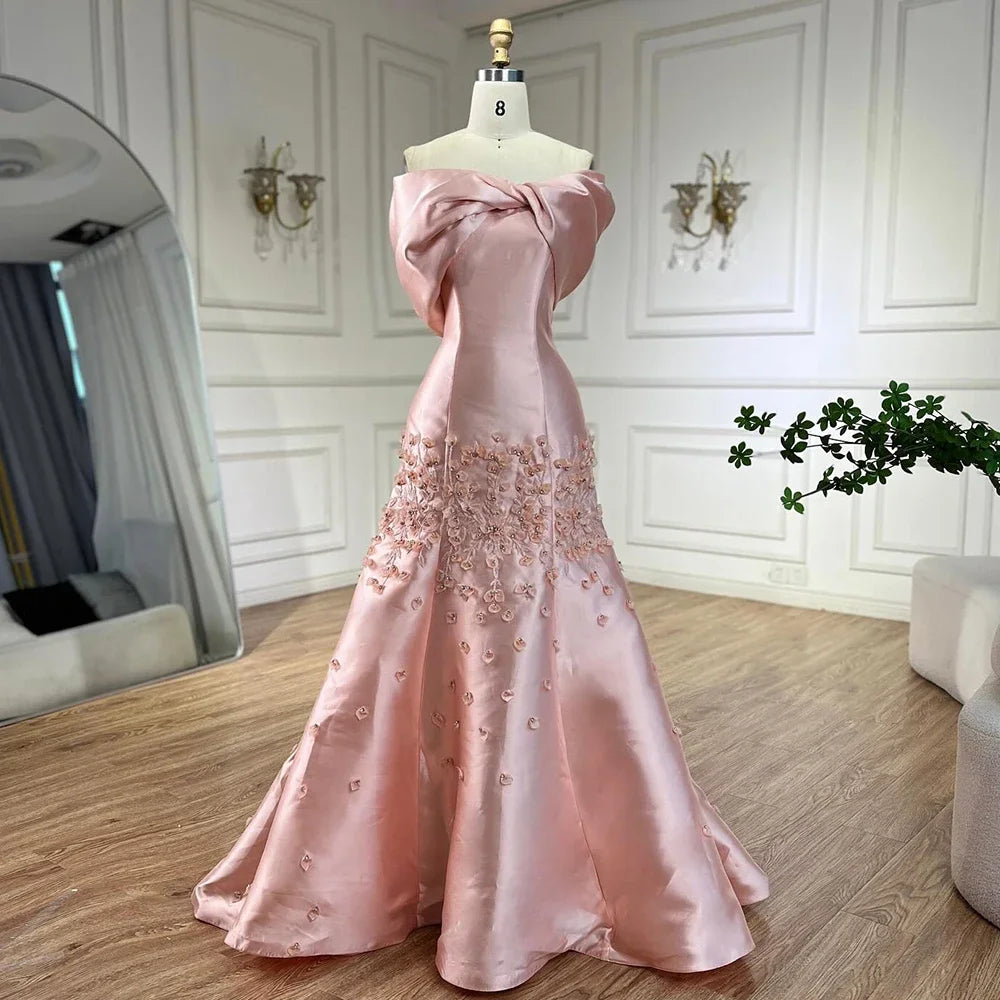 Luxury Dubai Elegant Appliques Mermaid Peach Satin Long Evening Dress for Women - Wedding, Party, Prom & Formal Occasions | Serene Hill Collection 2025 LA72483