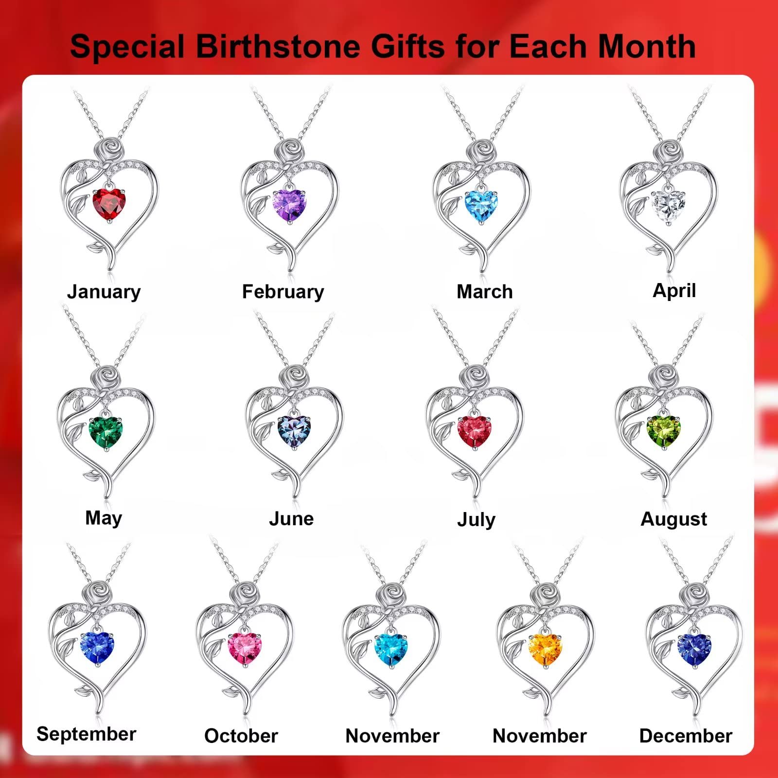 925 Sterling Silver Rose Birthstone Necklace for Women | Natural & Created Gemstone Jewelry | Valentine's Day, Mother's Day, Birthday & Christmas Gift for Her | Perfect for Anniversaries, Date Nights & Special Occasions