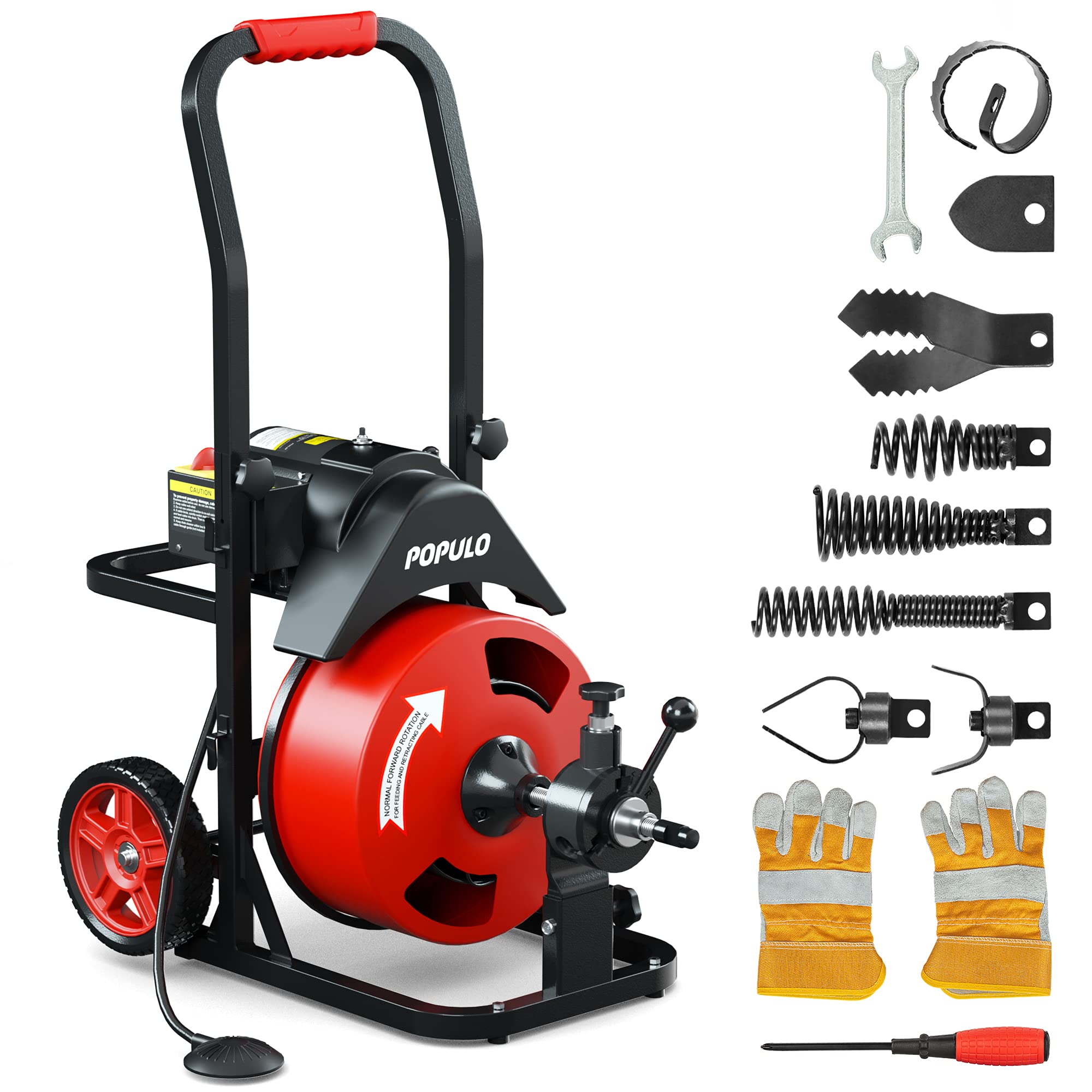 5.3A Electric Drain Auger with Auto Feed - 50 Ft x 1/2 Inch Commercial Sewer Snake with 8 Cutters & Gloves - Heavy Duty Drain Cleaner Machine for 2-4 Inch Pipes - Perfect for Clogged Sinks, Toilets, Bathtubs & Commercial Plumbing