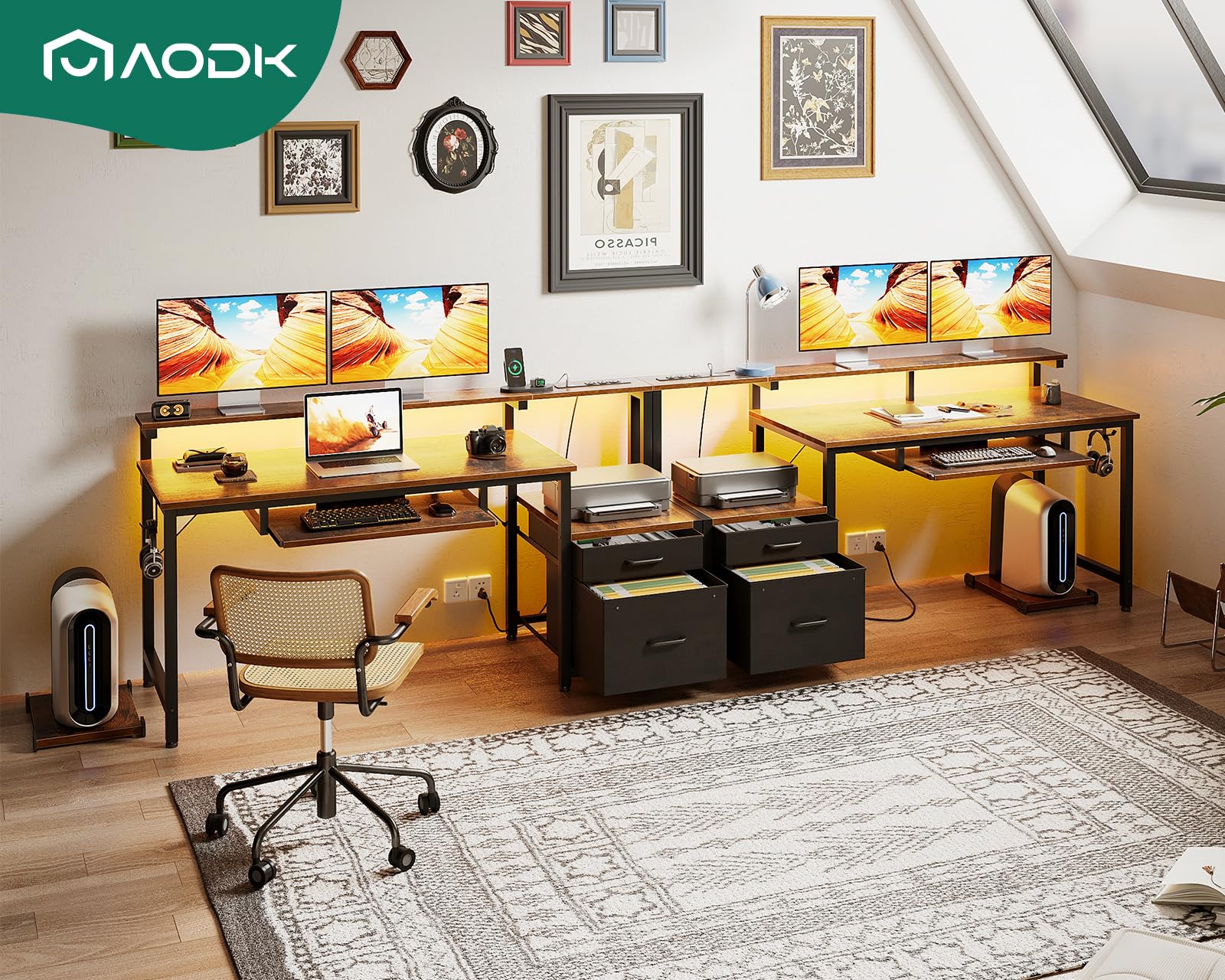 AODK 55 Inch Modern Computer Desk with Fabric File Cabinet & Drawers - Reversible Office Desk with Built-in Power Outlet & LED Lighting - Study Desk with Printer Stand, Keyboard Tray & Monitor Riser - Vintage Style Home Office Furniture for Small Spaces & Gaming Setups