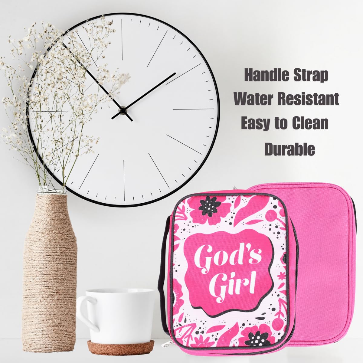 Pink Bible Cover for Women & Girls - Medium Size 9.25X6.62X1.87 Inches with Handle, Ribbon Bookmark, Pen Loop & Organizer Pockets - Perfect for Church, Bible Study, Travel & Daily Devotion