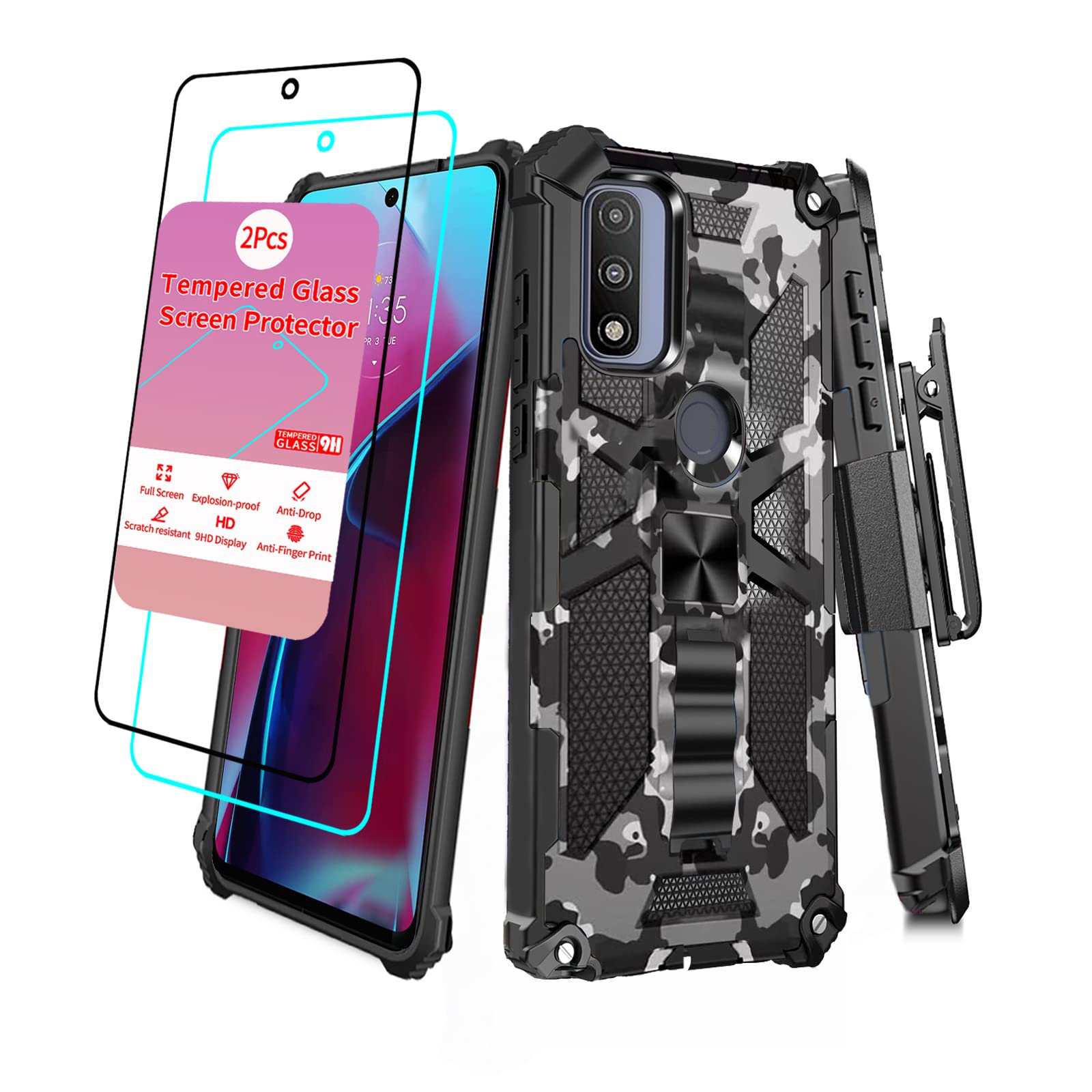 **Military Grade Heavy Duty Camo Case for Moto G Power 2022 - Shockproof with Built-in Screen Protector & Kickstand - Belt Clip Included - Perfect for Outdoor, Work & Daily Use (Gray Camo)**