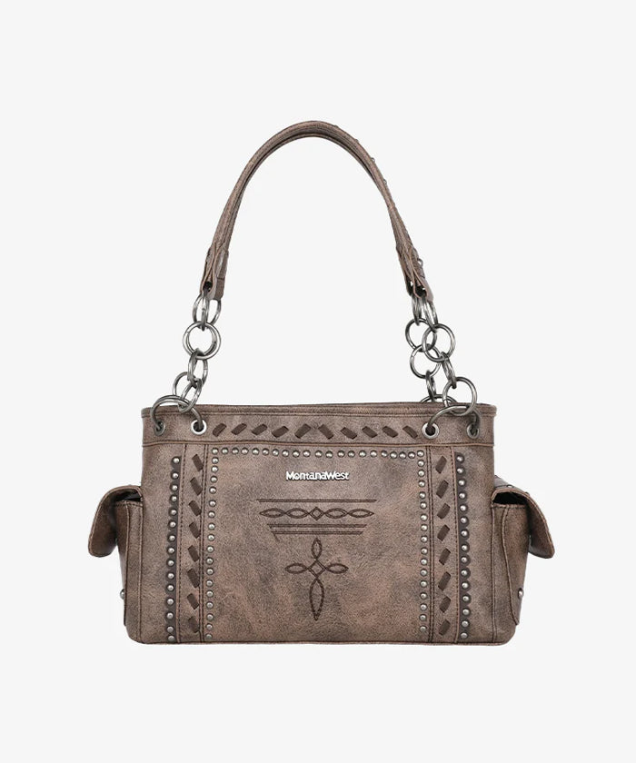 Montana West Whipstitch Studs Concealed Carry Satchel Purse - Stylish Women's Leather Crossbody Bag for Everyday Use, Travel & Work