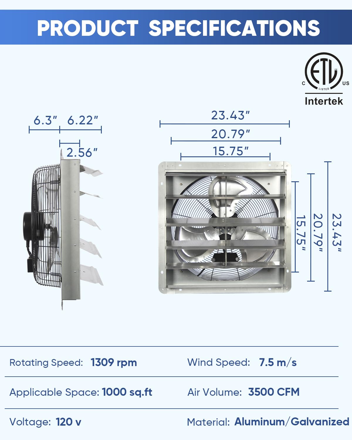 KEN BROWN 20 Inch High-Speed Shutter Exhaust Fan - 3500 CFM Wall Mount Ventilation Fan with 1.65m Power Cord for Garage, Shop, Greenhouse & Attic Ventilation | Perfect for Cooling, Air Circulation & Odor Removal