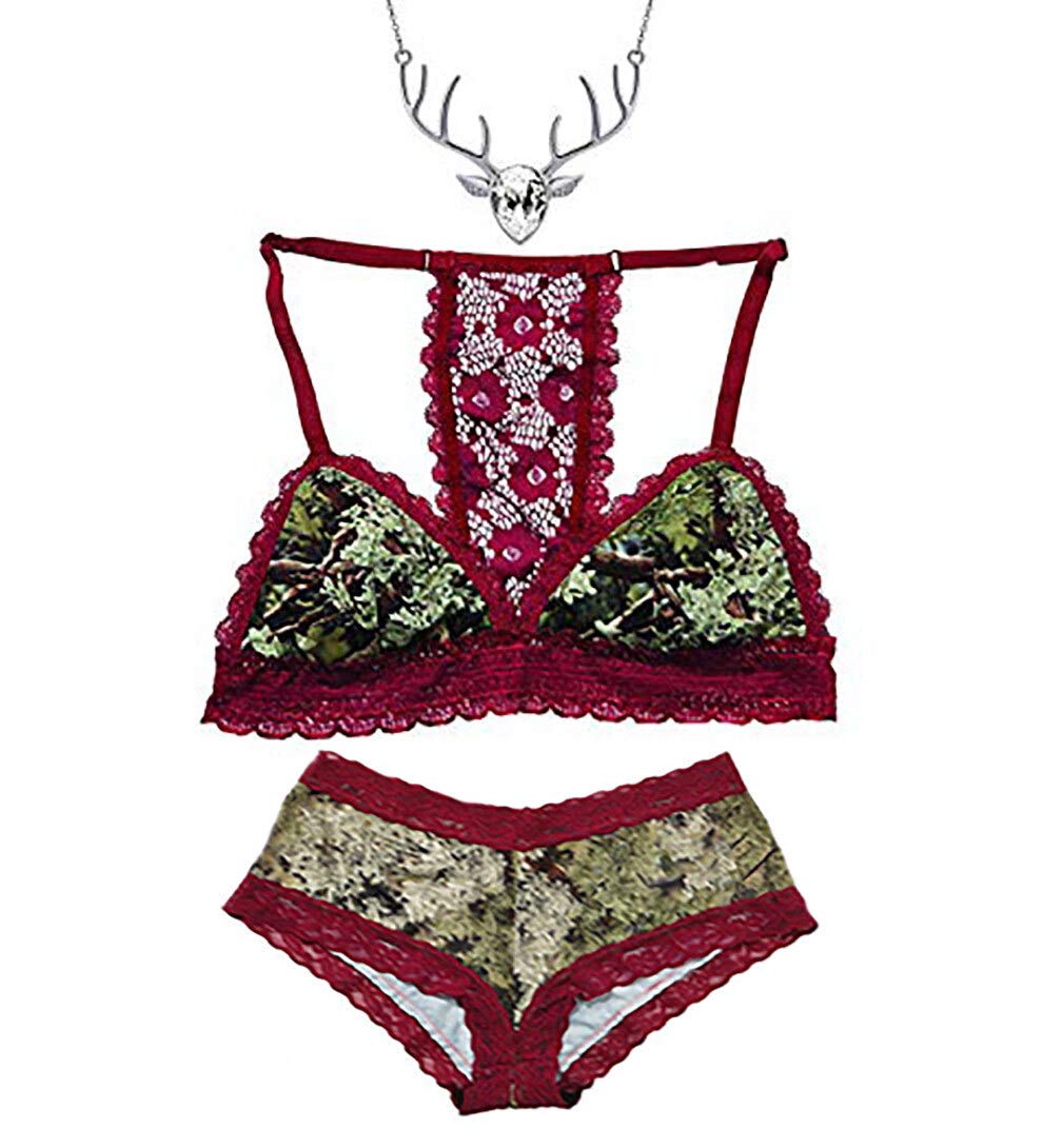Southern Sisters Free Deer Antler Necklace & Cranberry Wine Camo Bralette with Lace Boy Shorts Set - Perfect for Hunting, Outdoor Adventures & Country Fashion