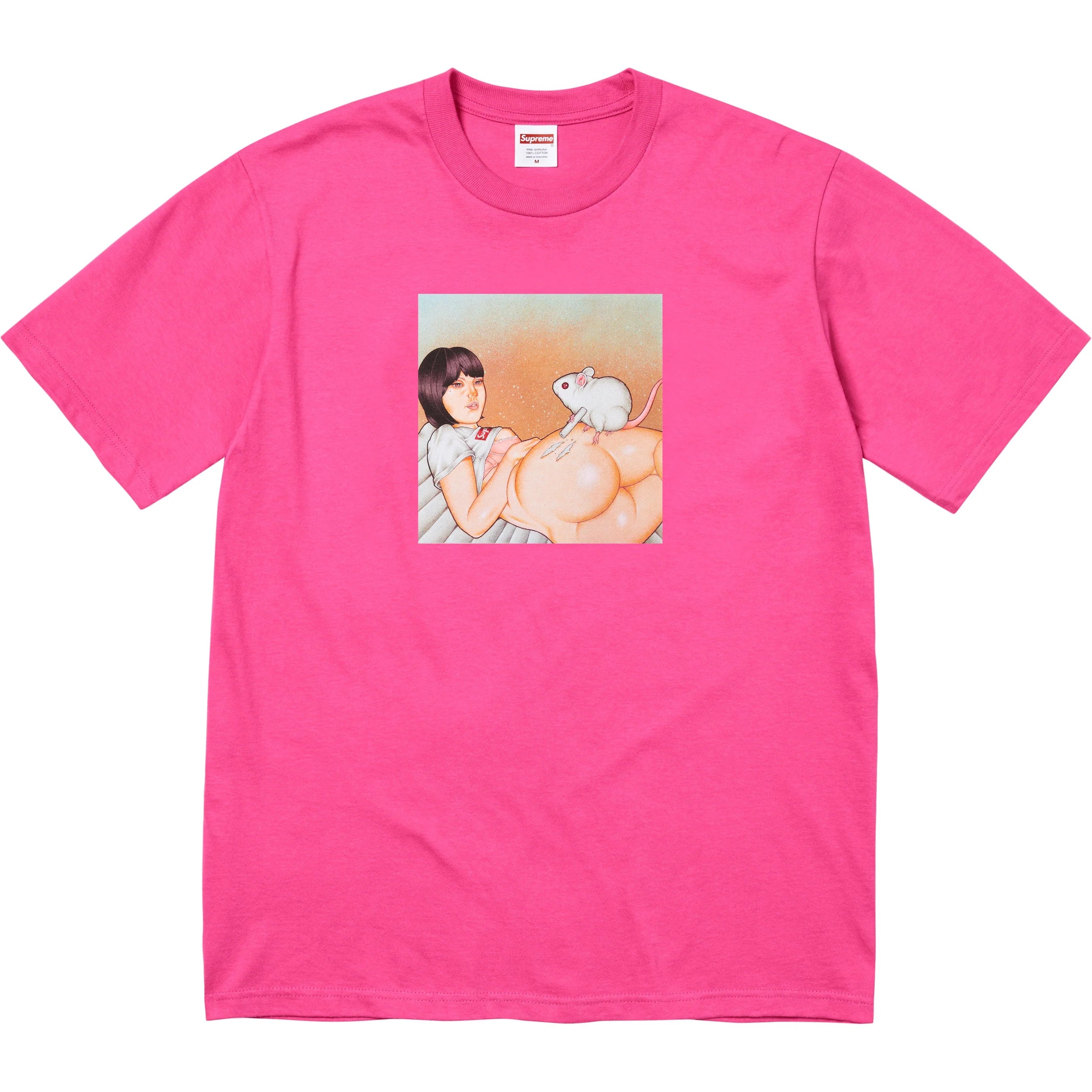 Supreme Mouse Graphic T-Shirt for Women - Soft Cotton Fuchsia Pink Tee - Casual Streetwear for Everyday Wear & Outfits