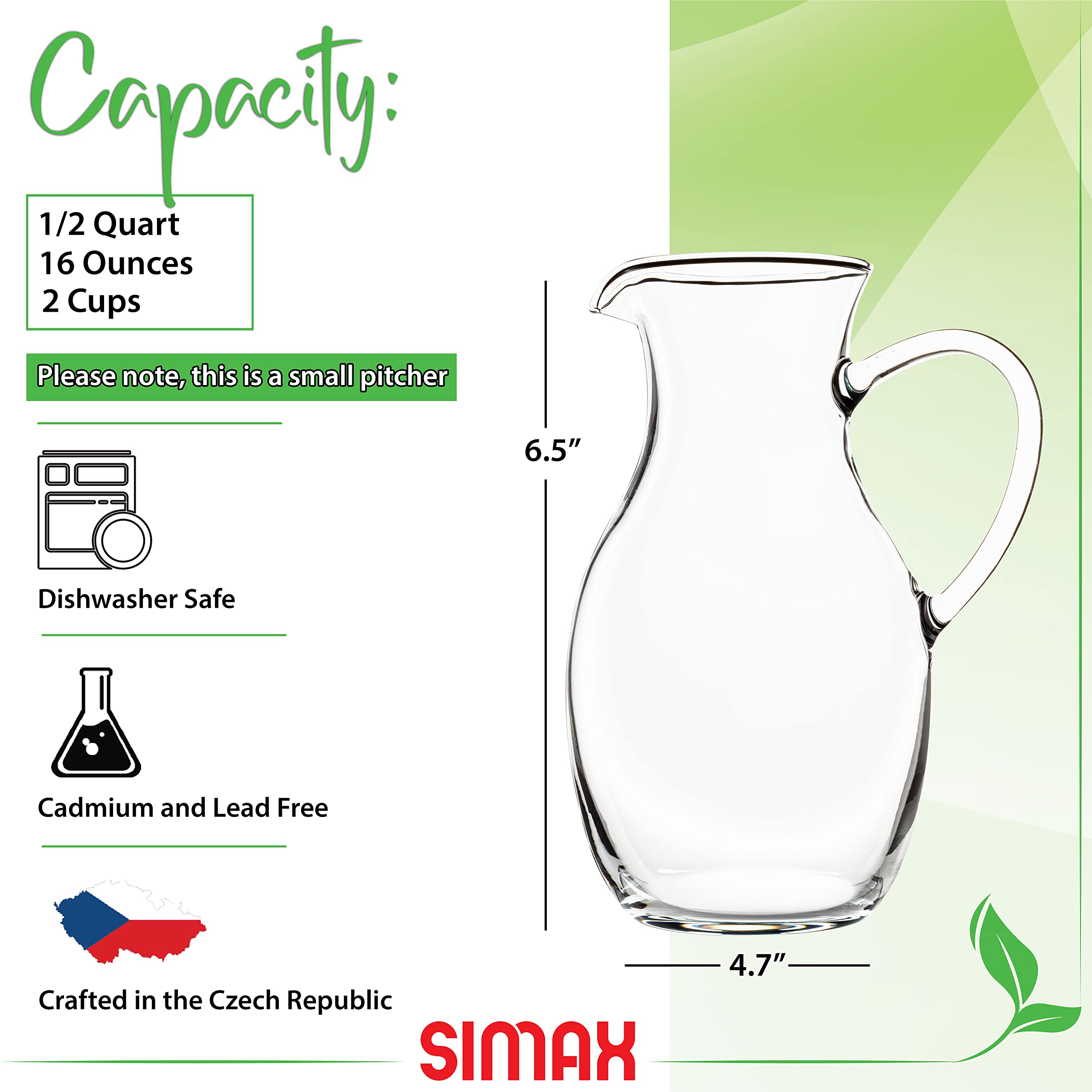 Simax 16oz Borosilicate Glass Pitcher with Handle - Small Pouring Pitcher for Juice, Milk & Tea - Montessori Kids Pitcher - Heat-Resistant Mini Pitcher for Kitchen, Dining & Montessori Activities