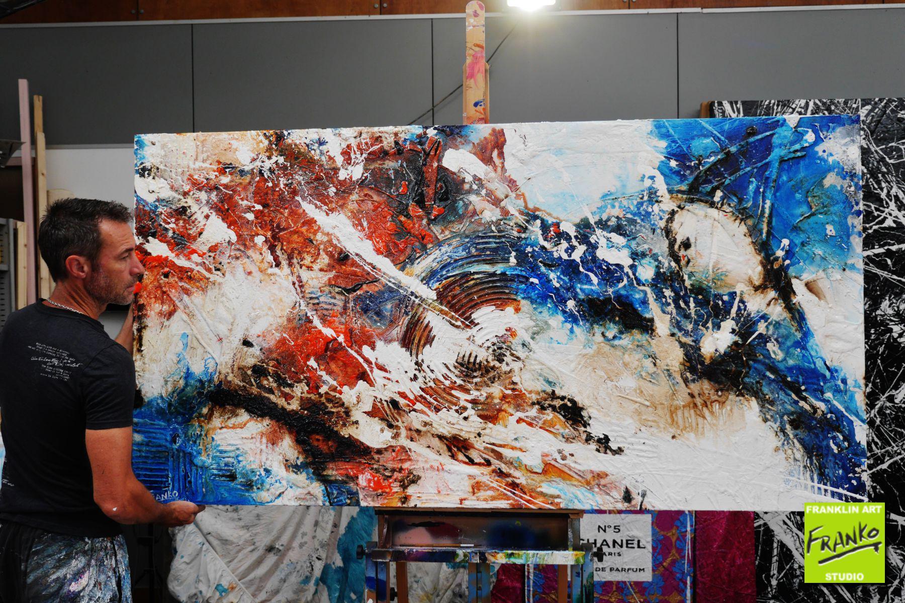 Desert Riches 190cm x 100cm Blue Red White Textured Abstract Canvas Art - Modern Wall Decor for Living Room, Bedroom & Office
