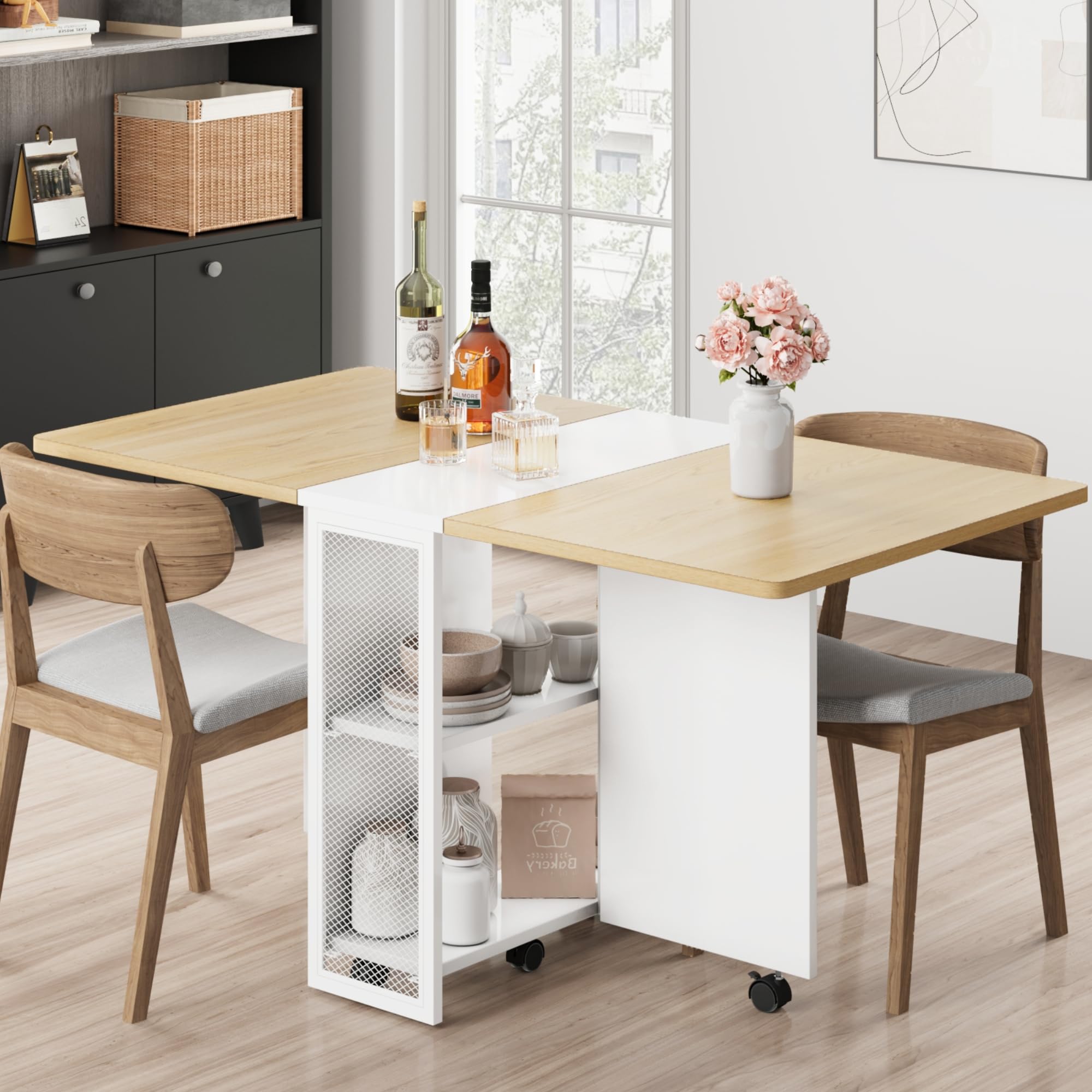 Alkmaar Folding Dining Table - Space Saving Drop Leaf Table for Small Spaces | Collapsible Kitchen, Office & Dining Room Furniture with 4 Storage Racks | Perfect for Apartments, Studios & Multi-Functional Spaces