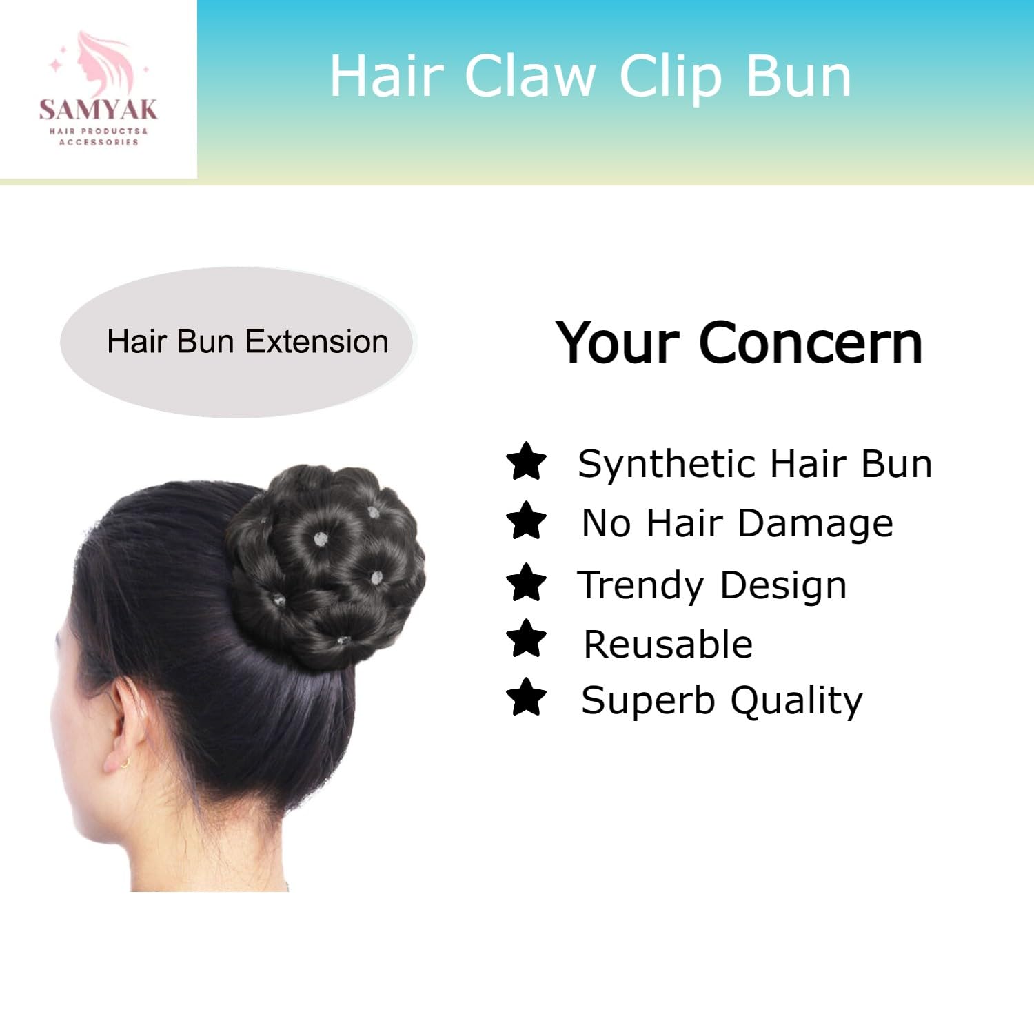 Samyak Studded Hair Bun - Synthetic Ready-Made Hairpiece for Party Hairstyles, Hair Volumizer Clip, Claw Bun Hair Extensions & Wigs (Black) - Perfect for Weddings, Prom, Cosplay & Special Occasions