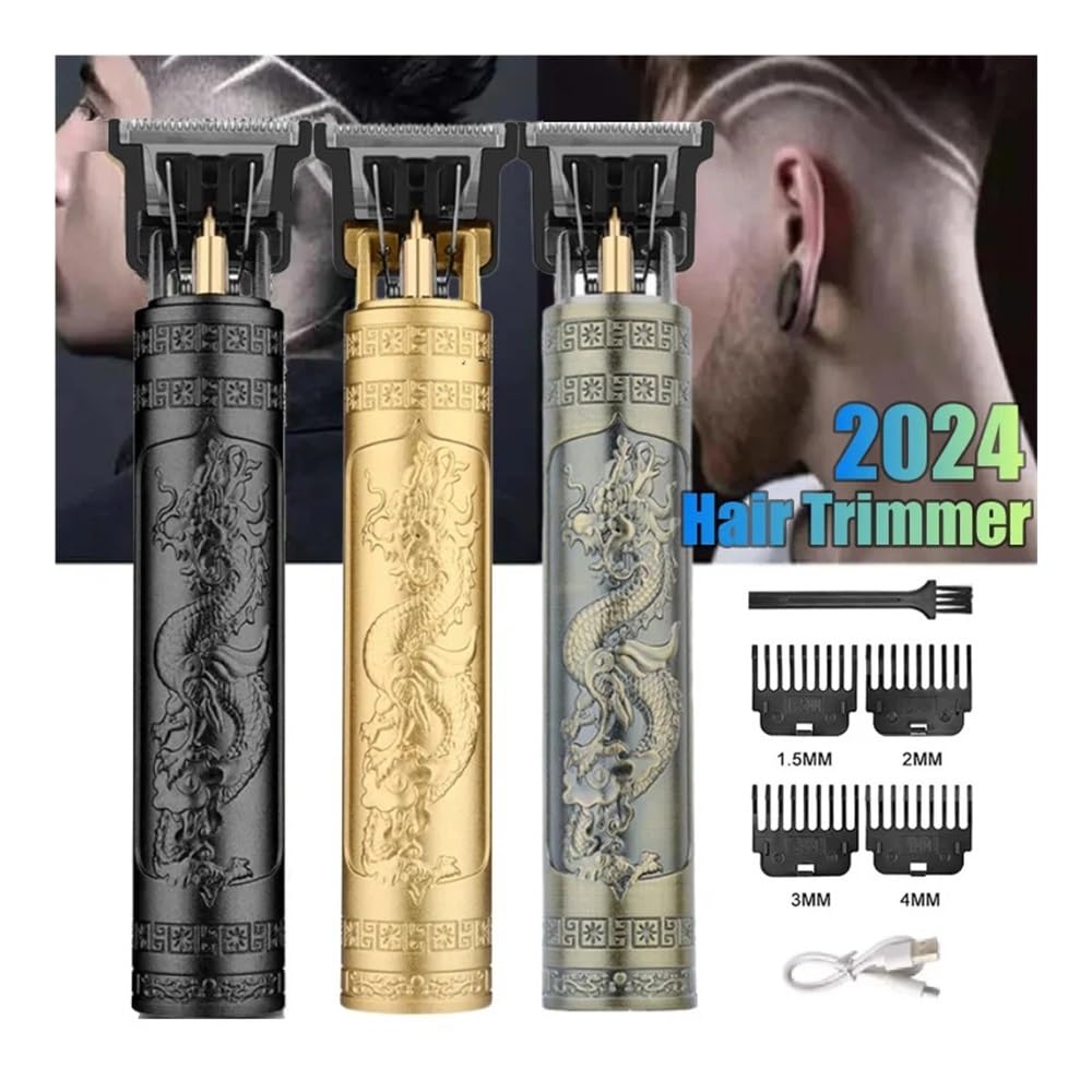 2024 Vintage T9 Professional Electric Hair Clipper - Rechargeable Barber Trimmer for Men with Gold Buddha Design | Perfect for Home Haircuts, Beard Trimming & Salon Styling | Dragon Series (Gold)
