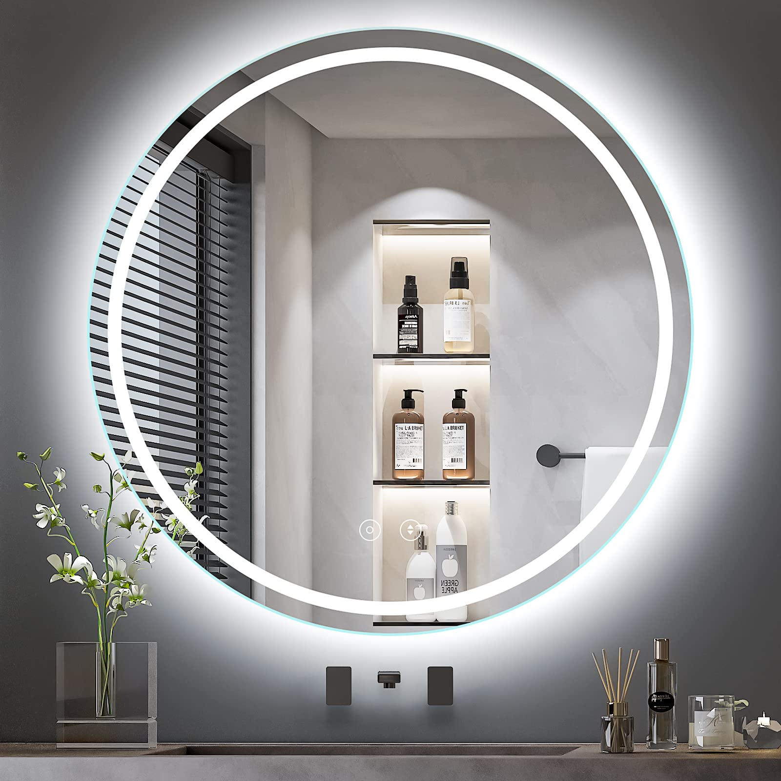 Dripex 24 Inch Round LED Bathroom Mirror with Anti-Fog, 3 Color Modes & Dimmable - Wall Mounted Waterproof Vanity Mirror with Memory Function (Backlit + Front Light) - Perfect for Makeup, Shaving & Home Decor