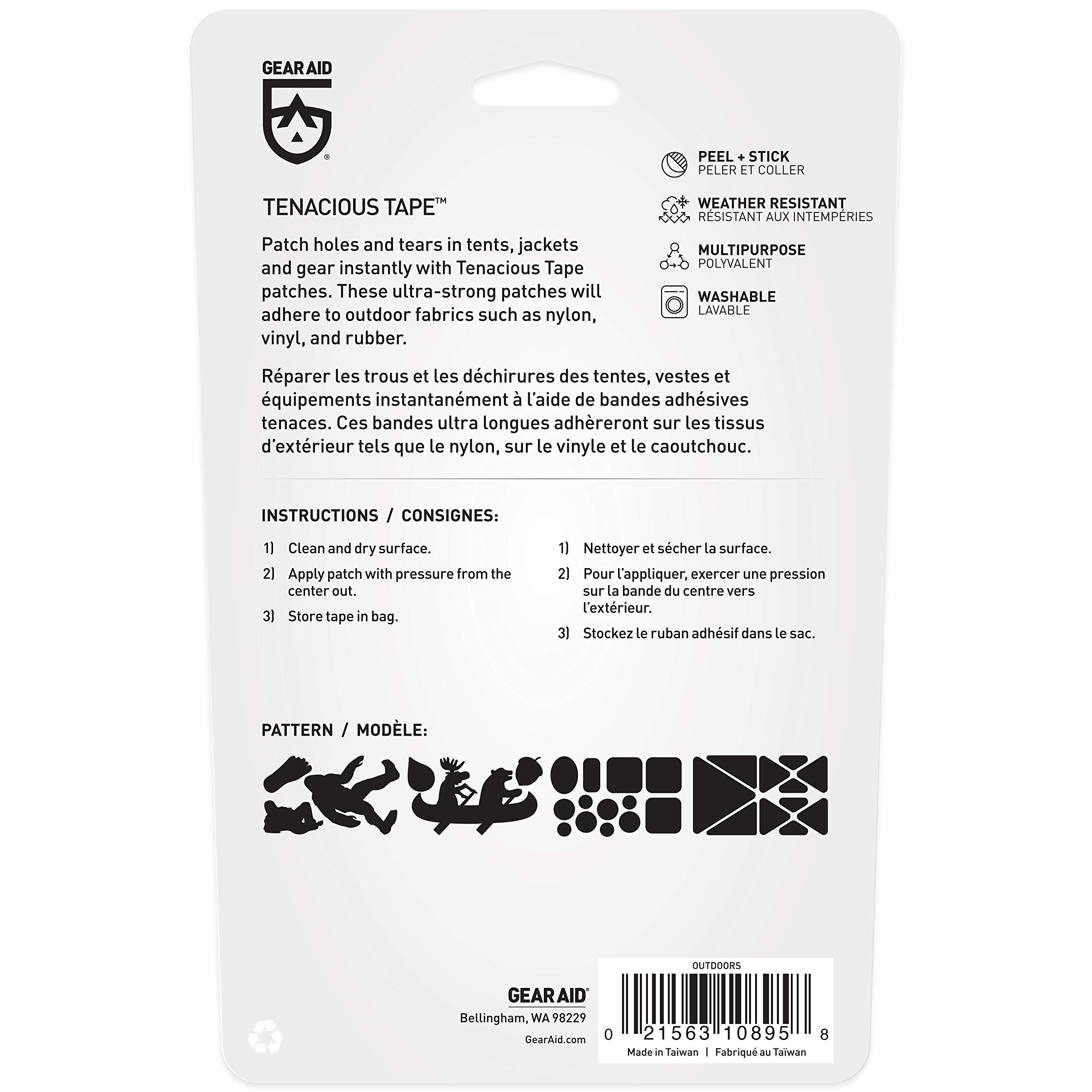 GEAR AID Tenacious Tape Gear Patches - Durable Fabric Repair Tape for Jackets, Tents & Outdoor Gear - Waterproof & Washable for Camping, Hiking & Travel