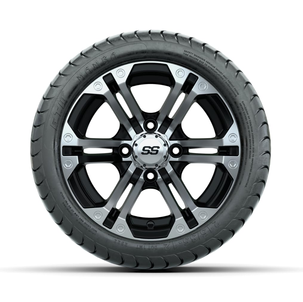 GTW 12 Inch Golf Cart Wheels & Tires Combo Set of 4 - Machined Black Specter Wheels with 215/35-12 Mamba Street Tires | Premium Golf Cart Accessories for Smooth Rides on Courses & Neighborhood Streets